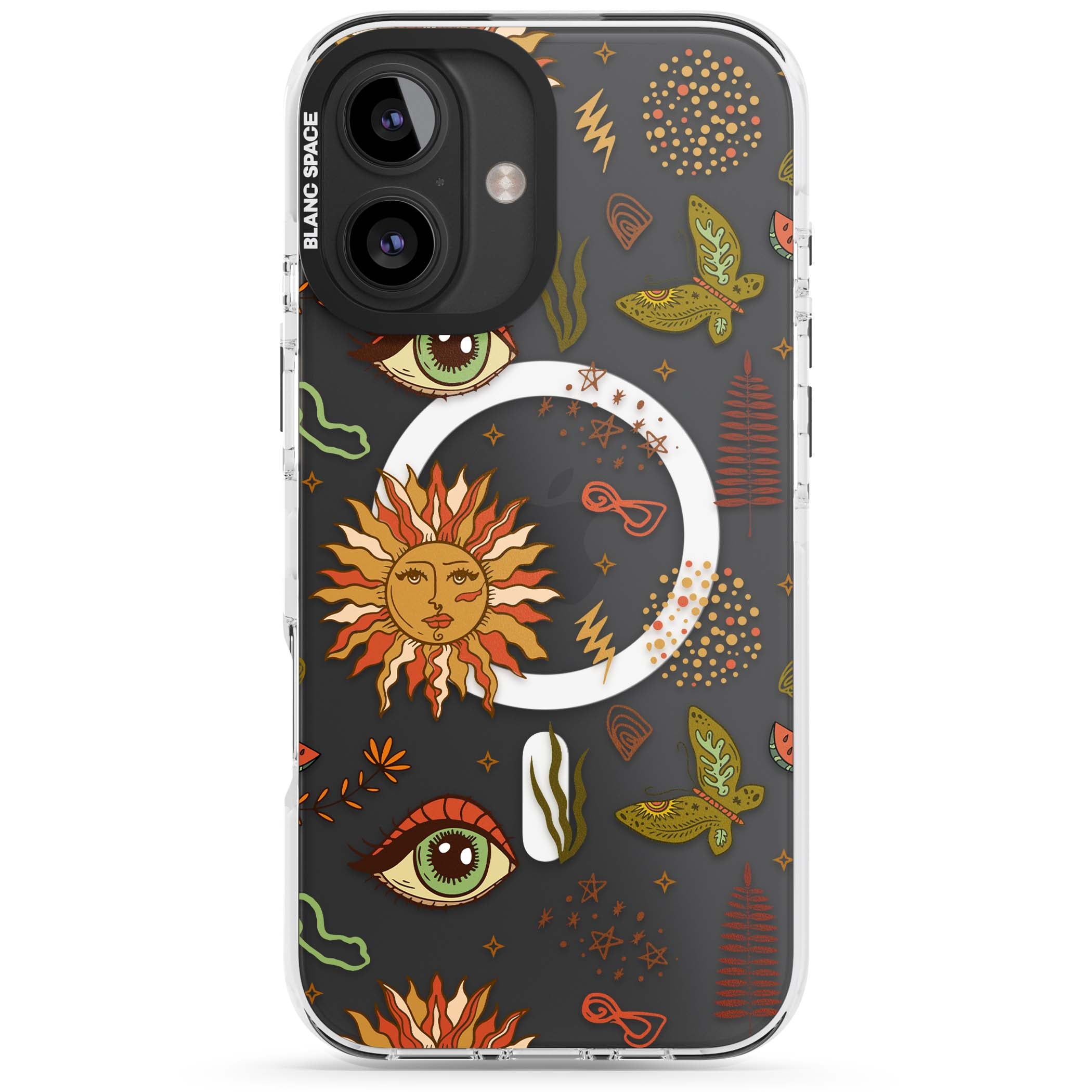 Elevate Your Phone'S Style With This Boho Celestial Sun & Eye Phone Case, Featuring A Mystical Blend Of Suns, All-Seeing Eyes, Butterflies, Stars, And