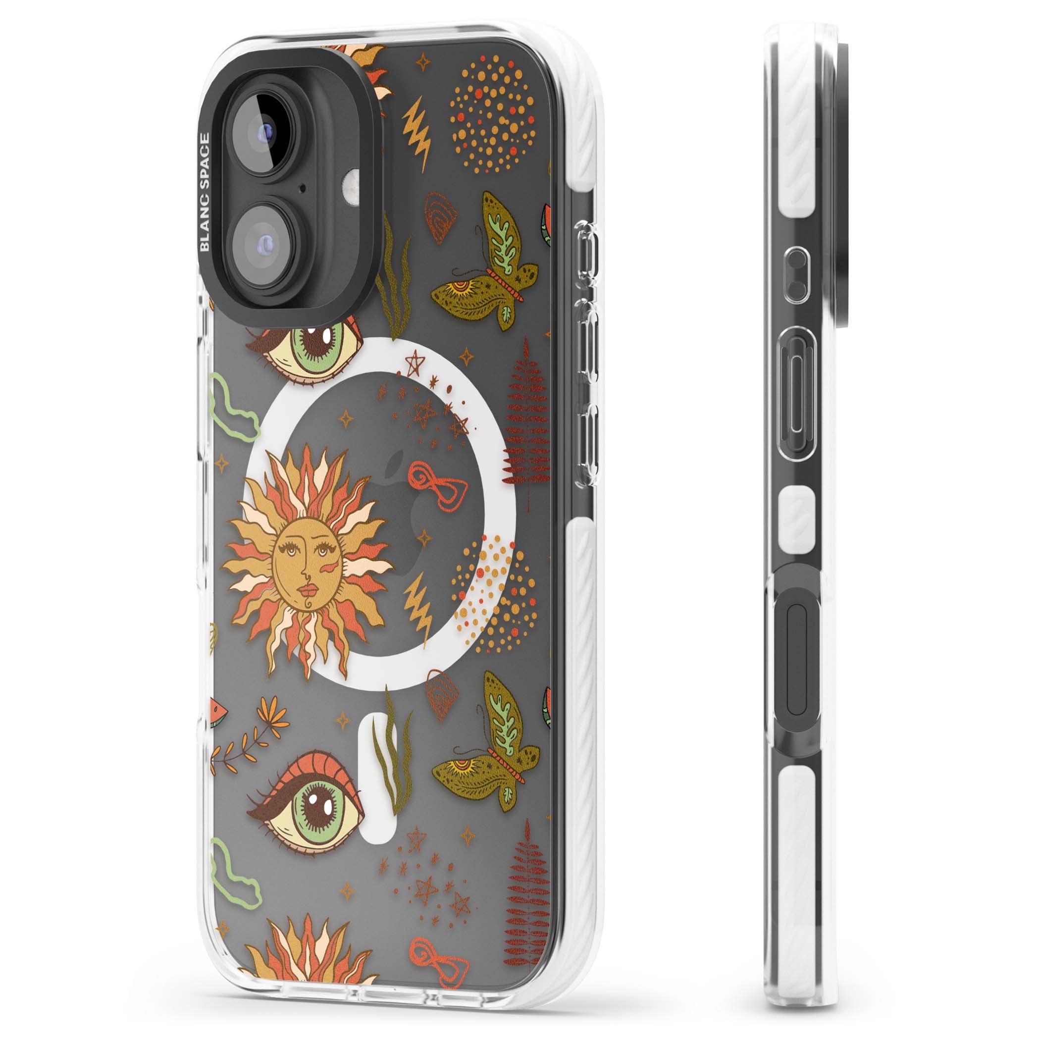 Elevate Your Phone'S Style With This Boho Celestial Sun & Eye Phone Case, Featuring A Mystical Blend Of Suns, All-Seeing Eyes, Butterflies, Stars, And