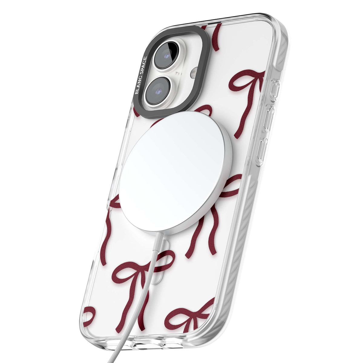 Burgundy Bows coquette iPhone case featuring hand-drawn burgundy red bows on a clear background | Impact Magsafe case for iPhone 16, iPhone 16 Plus