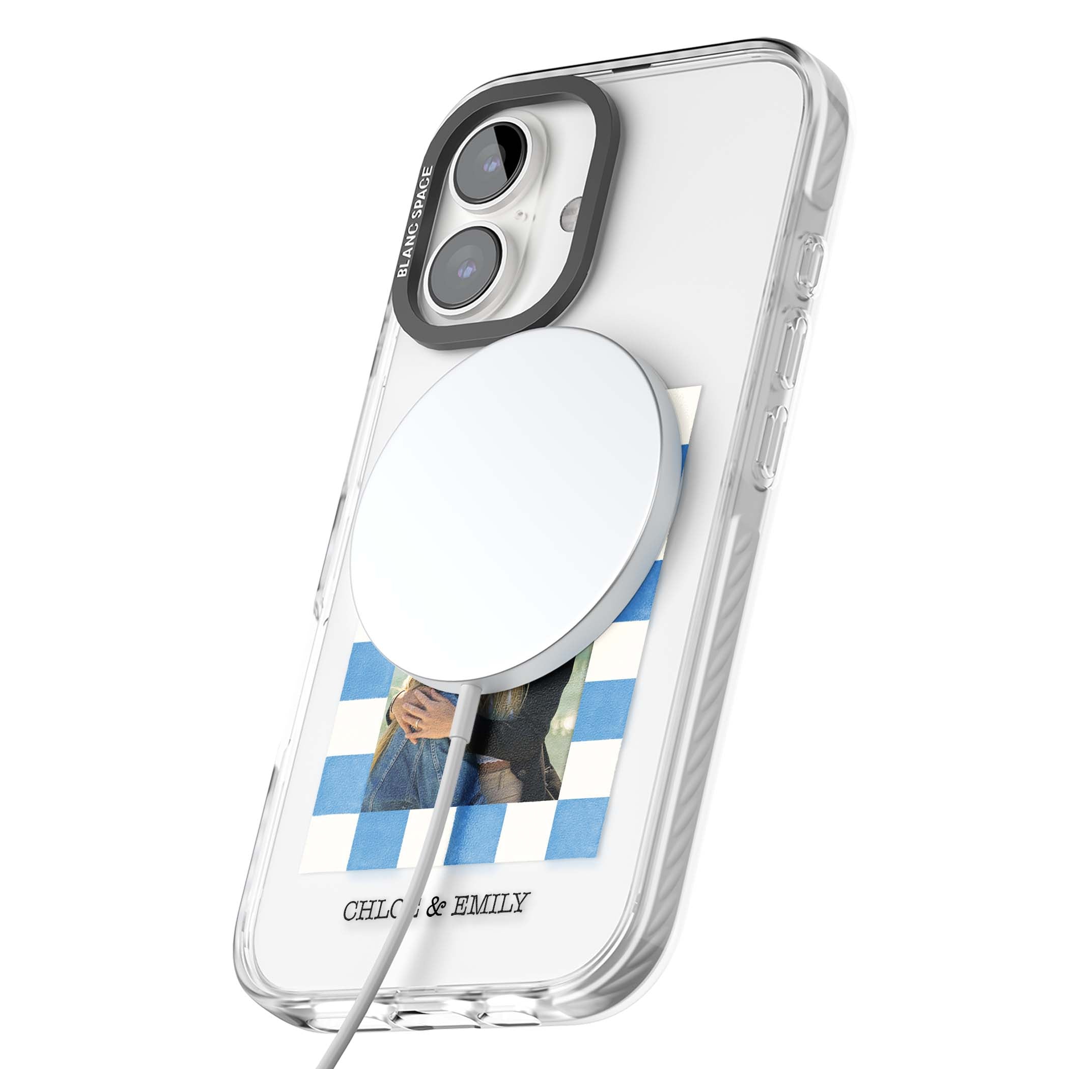Blue Check Photo personalised photo iPhone case with blue checkered frame and custom couple names | Impact Magsafe case for iPhone 16, iPhone 16 Plus