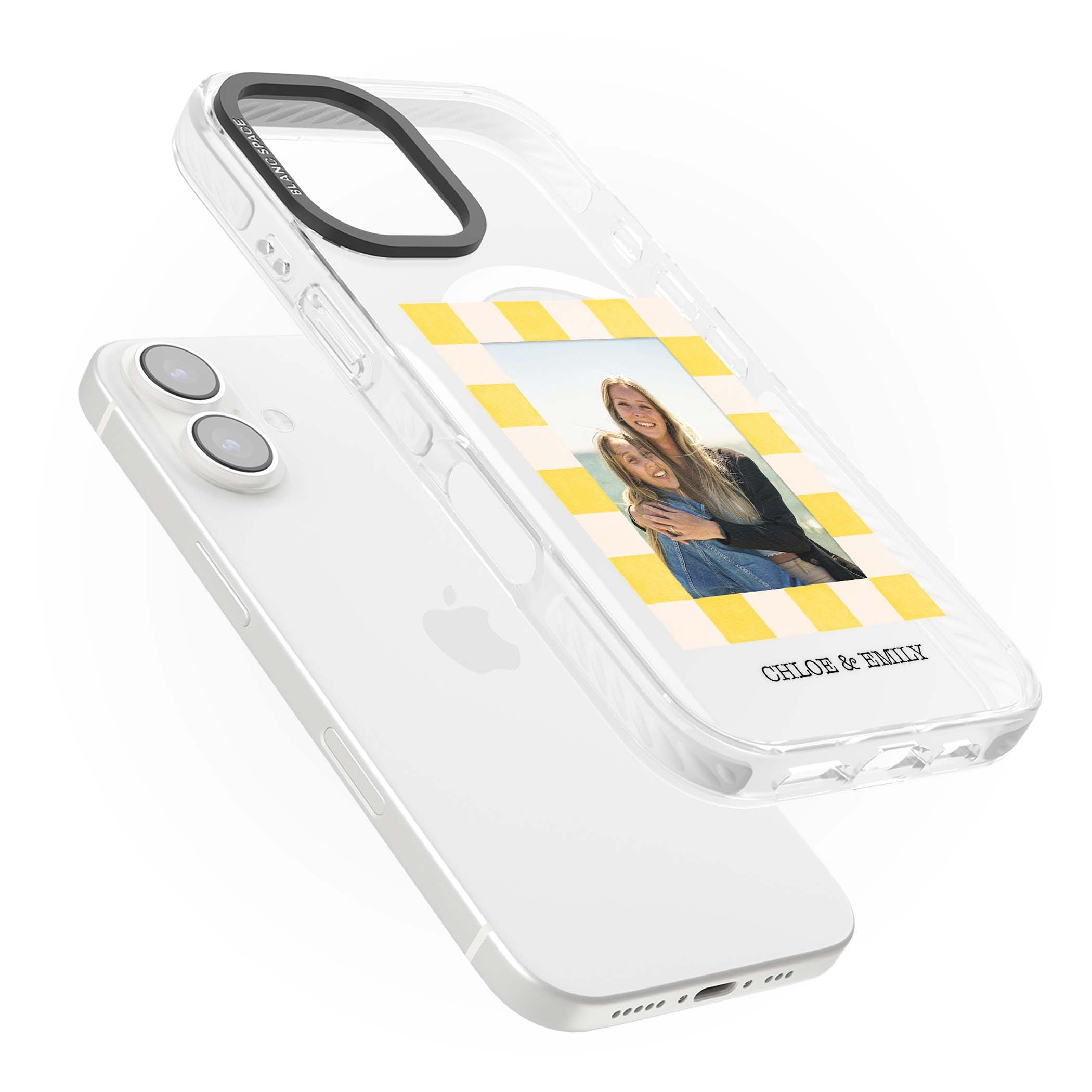 Yellow Check Photo personalised iPhone case with yellow checkered Polaroid frame and custom names beneath | Impact Magsafe case for iPhone 16, iPhone 16 Plus