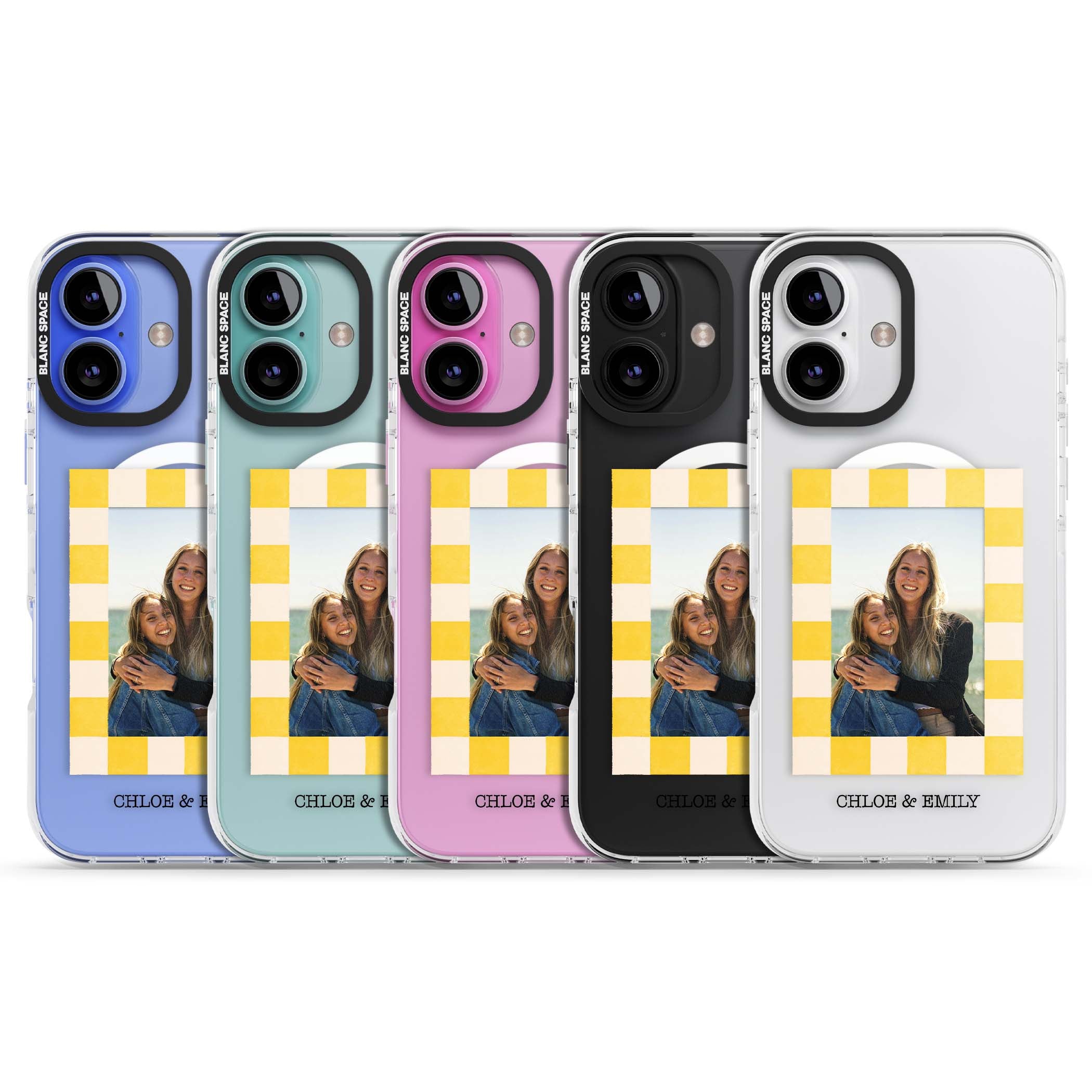 Yellow Check Photo personalised iPhone case with yellow checkered Polaroid frame and custom names beneath | Impact Magsafe case for iPhone 16, iPhone 16 Plus