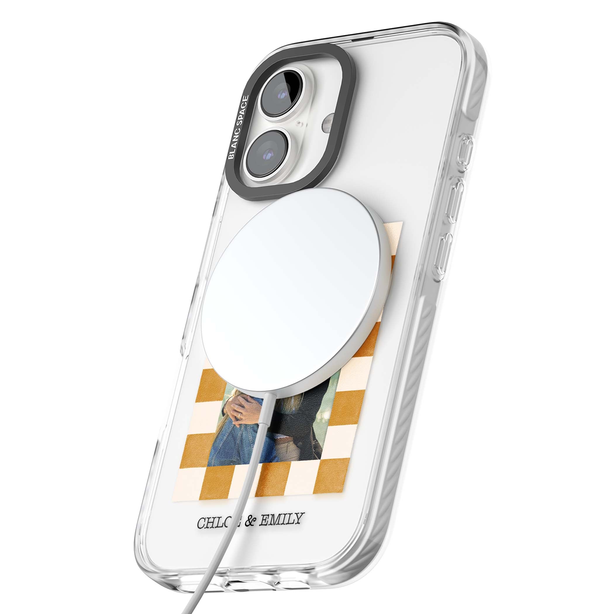 Citrus Check Photo personalised iPhone case with custom photo, orange checkered frame and names underneath | Impact Magsafe case for iPhone 16, iPhone 16 Plus