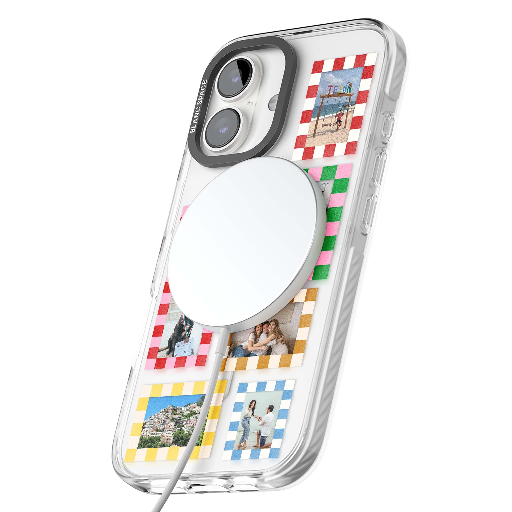 Italian Check Frames custom photo collage iPhone case featuring six checkered photo frames in red, green, pink and  | Impact Magsafe case for iPhone 16, iPhone 16 Plus