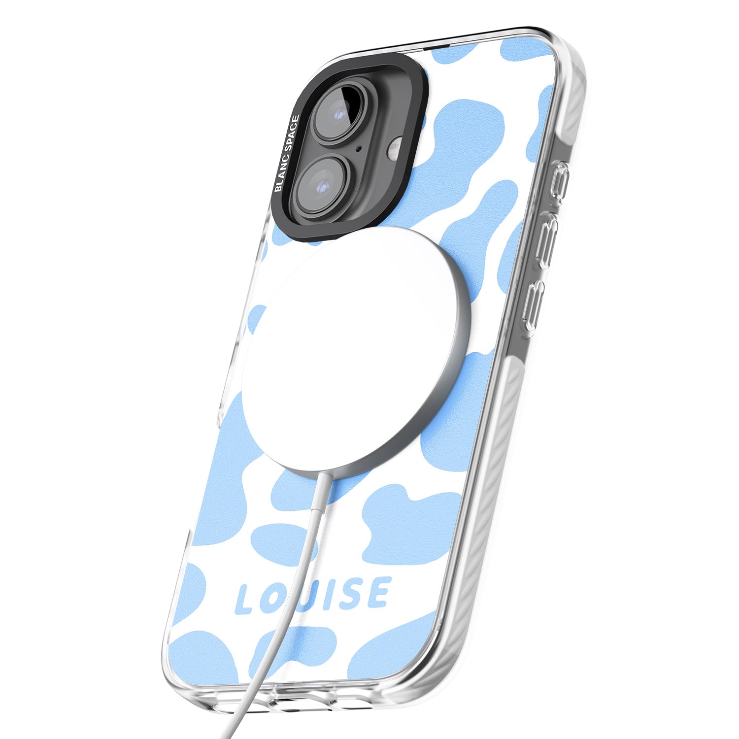 iPhone 16 Pro Max Personalised Blue and White Cow Print Black Impact Phone Case