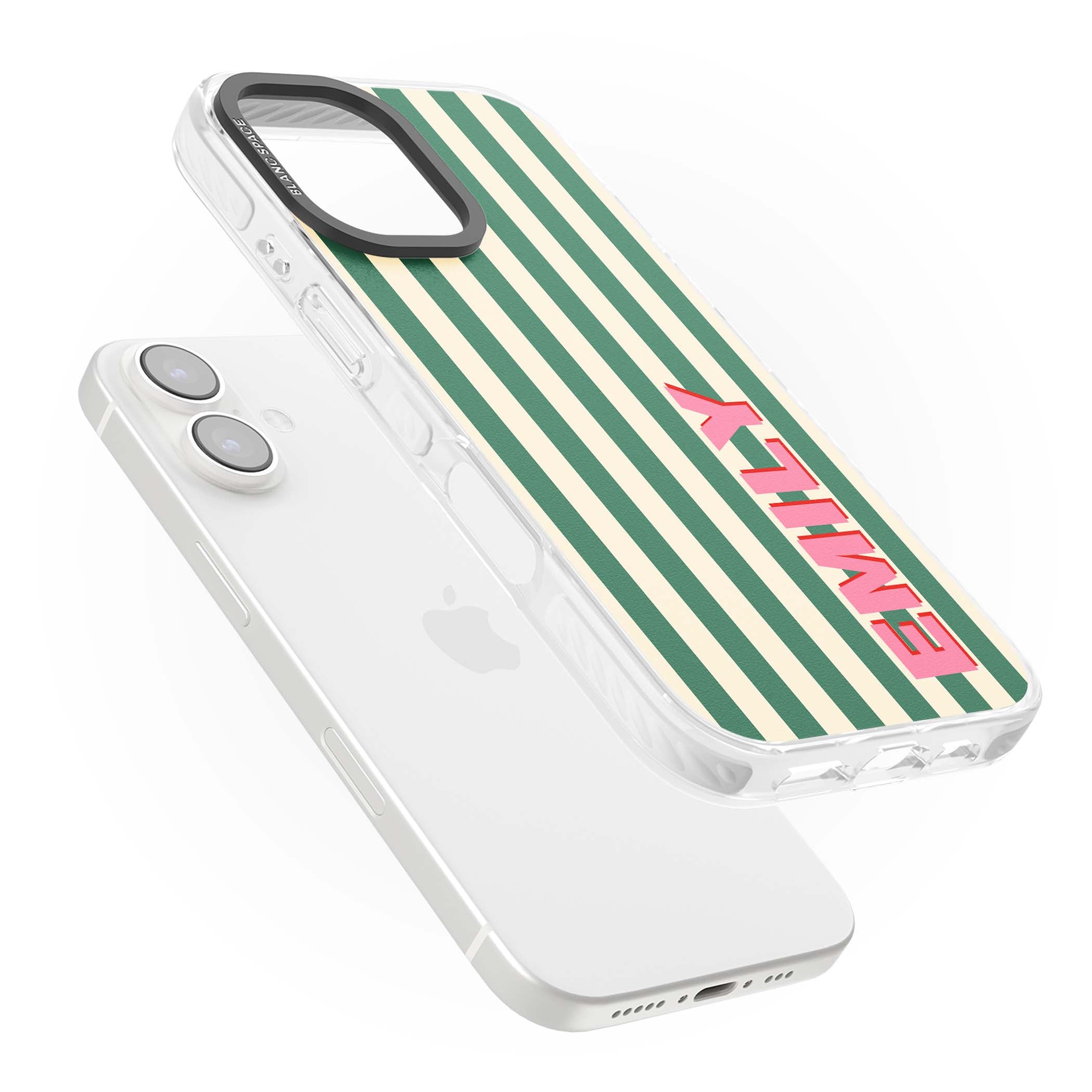 Wimbledon Stripe preppy iPhone case featuring green and cream vertical stripes with a personalised pink name | Impact Magsafe case for iPhone 16, iPhone 16 Plus
