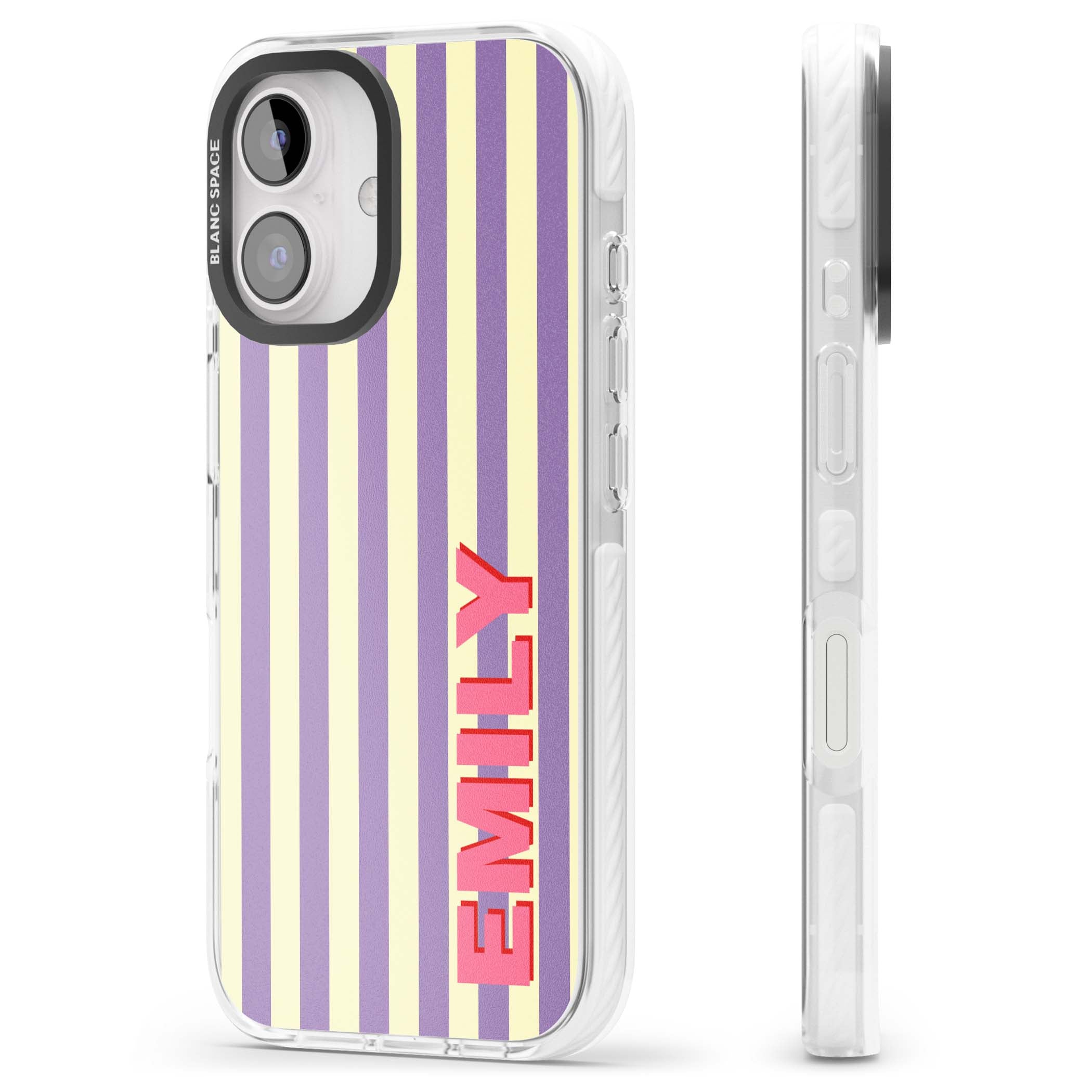 Valensole Stripe personalised iPhone case with purple and cream vertical stripes and pink custom name | Impact Magsafe case for iPhone 16, iPhone 16 Plus