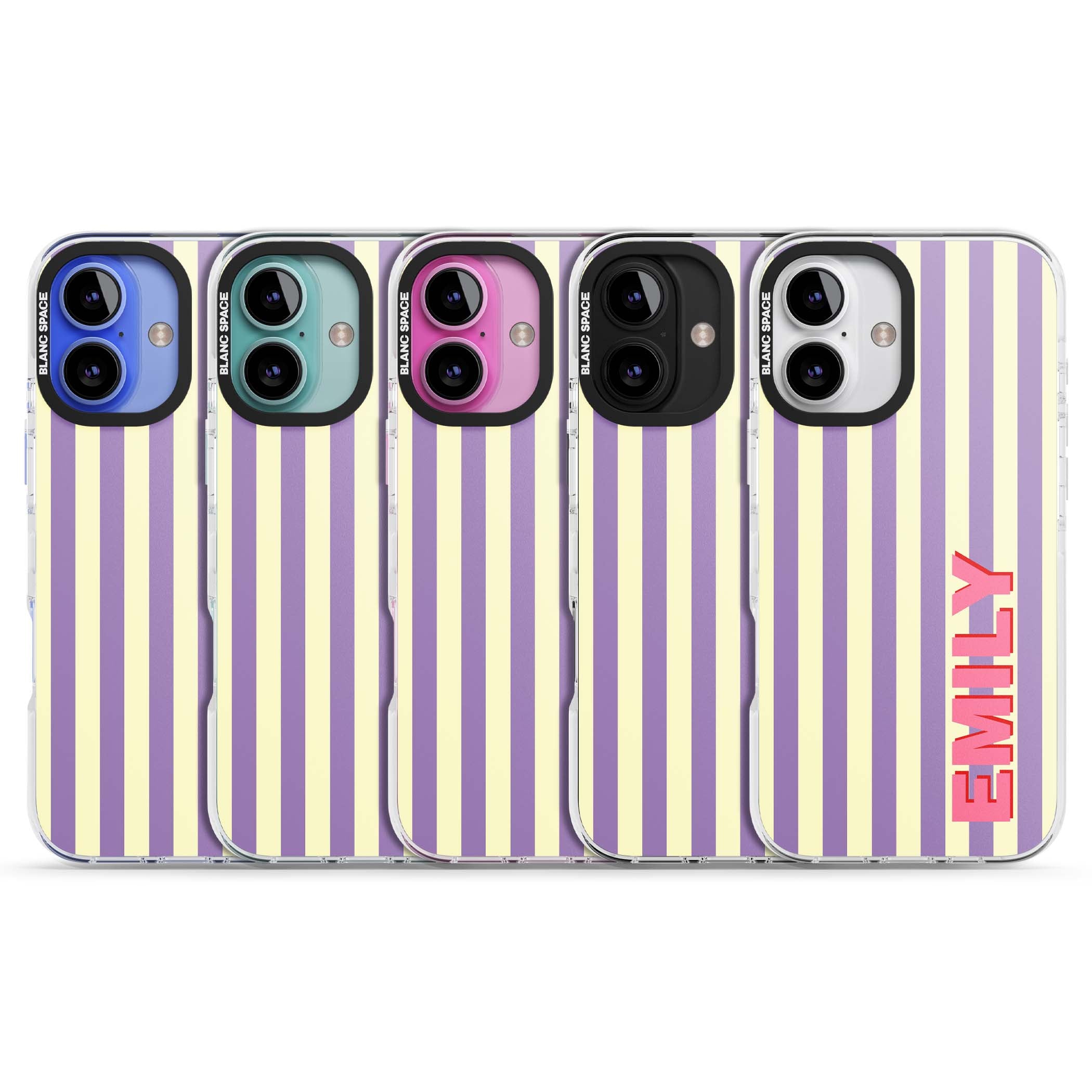 Valensole Stripe personalised iPhone case with purple and cream vertical stripes and pink custom name | Impact Magsafe case for iPhone 16, iPhone 16 Plus