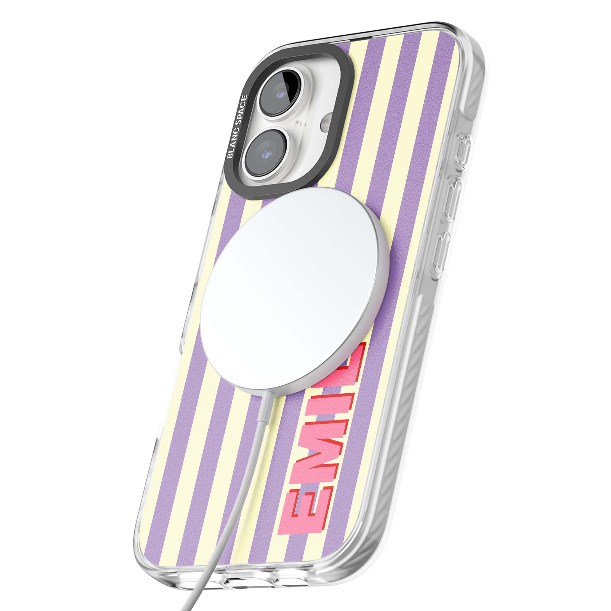 Valensole Stripe personalised iPhone case with purple and cream vertical stripes and pink custom name | Impact Magsafe case for iPhone 16, iPhone 16 Plus