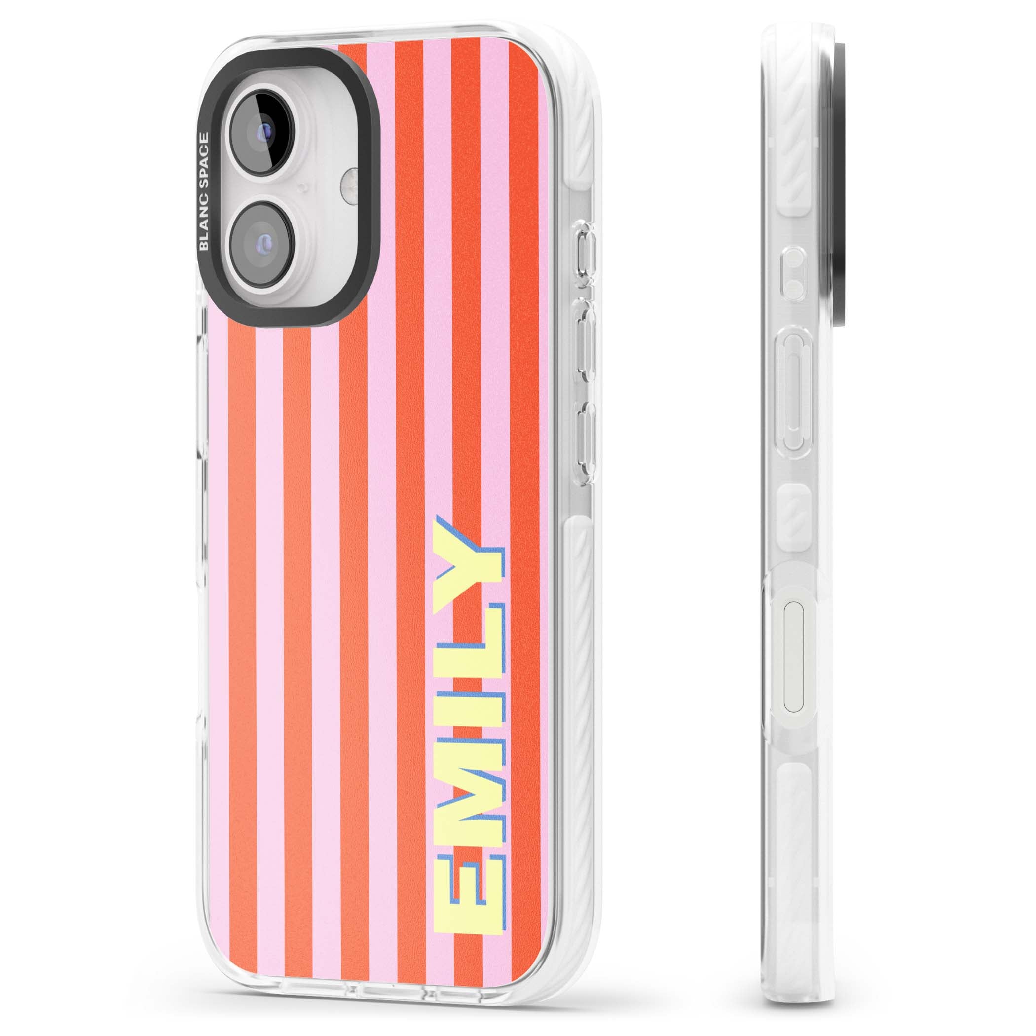 Havana Stripe personalised iPhone case featuring pink and orange vertical stripes with a custom yellow name | Impact Magsafe case for iPhone 16, iPhone 16 Plus