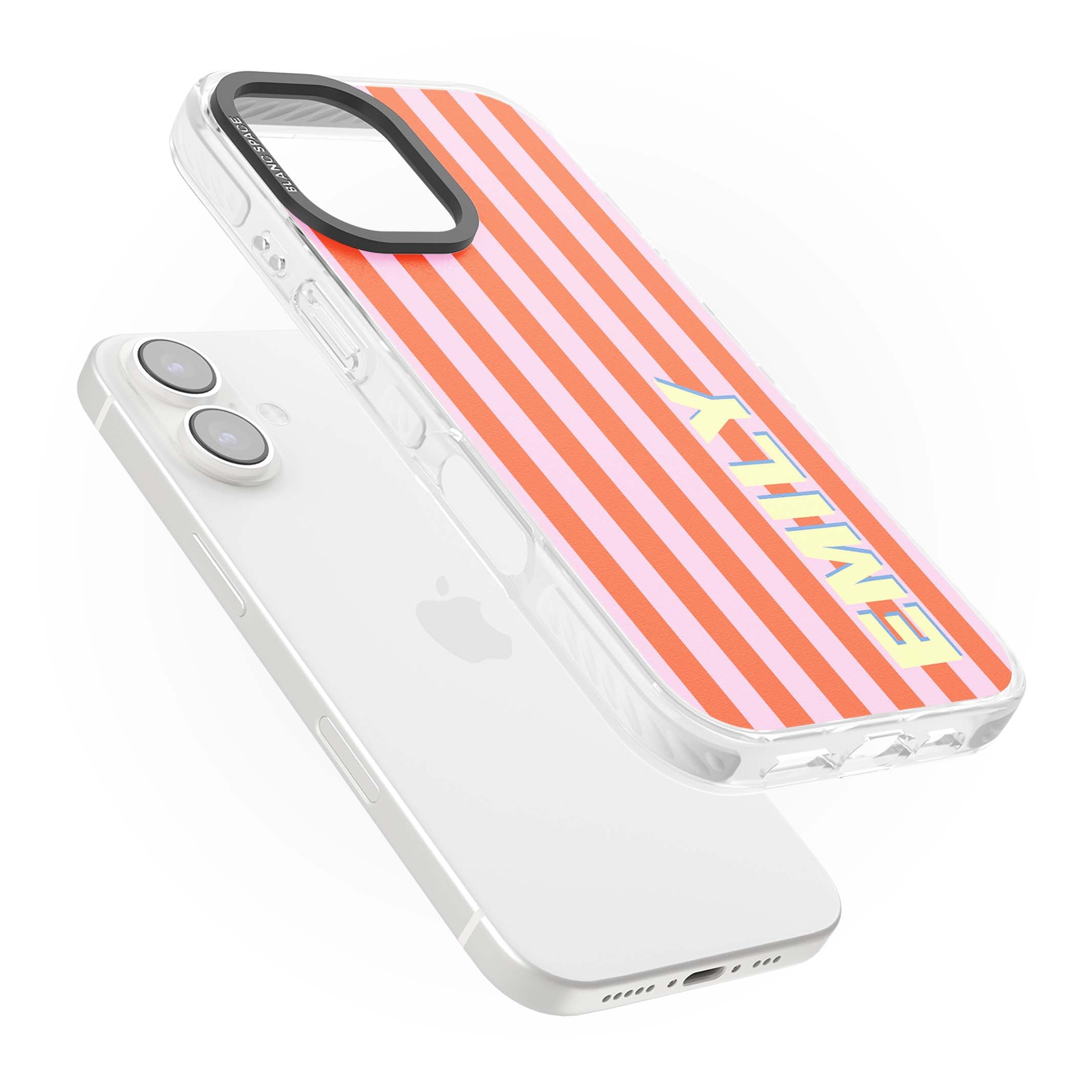 Havana Stripe personalised iPhone case featuring pink and orange vertical stripes with a custom yellow name | Impact Magsafe case for iPhone 16, iPhone 16 Plus