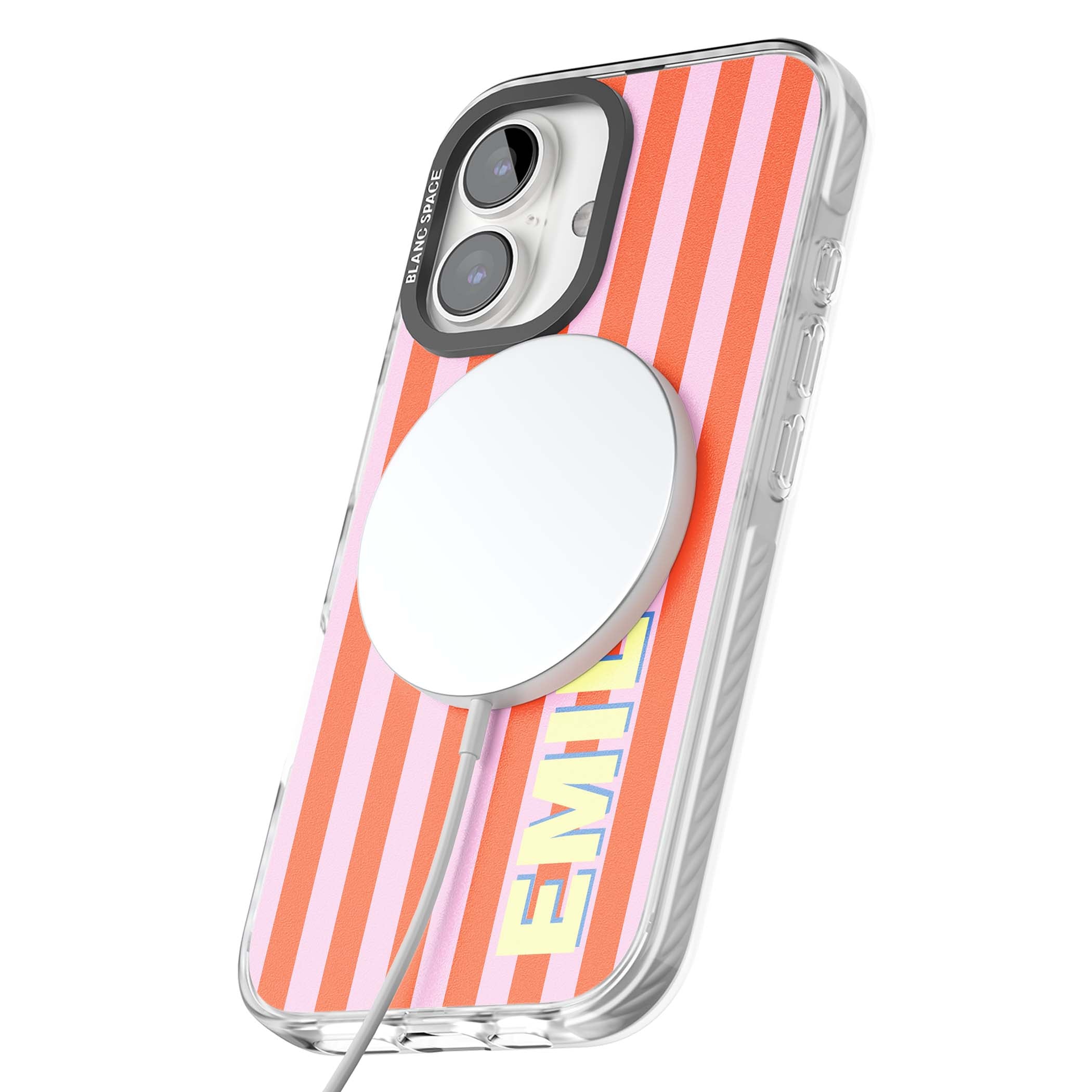 Havana Stripe personalised iPhone case featuring pink and orange vertical stripes with a custom yellow name | Impact Magsafe case for iPhone 16, iPhone 16 Plus