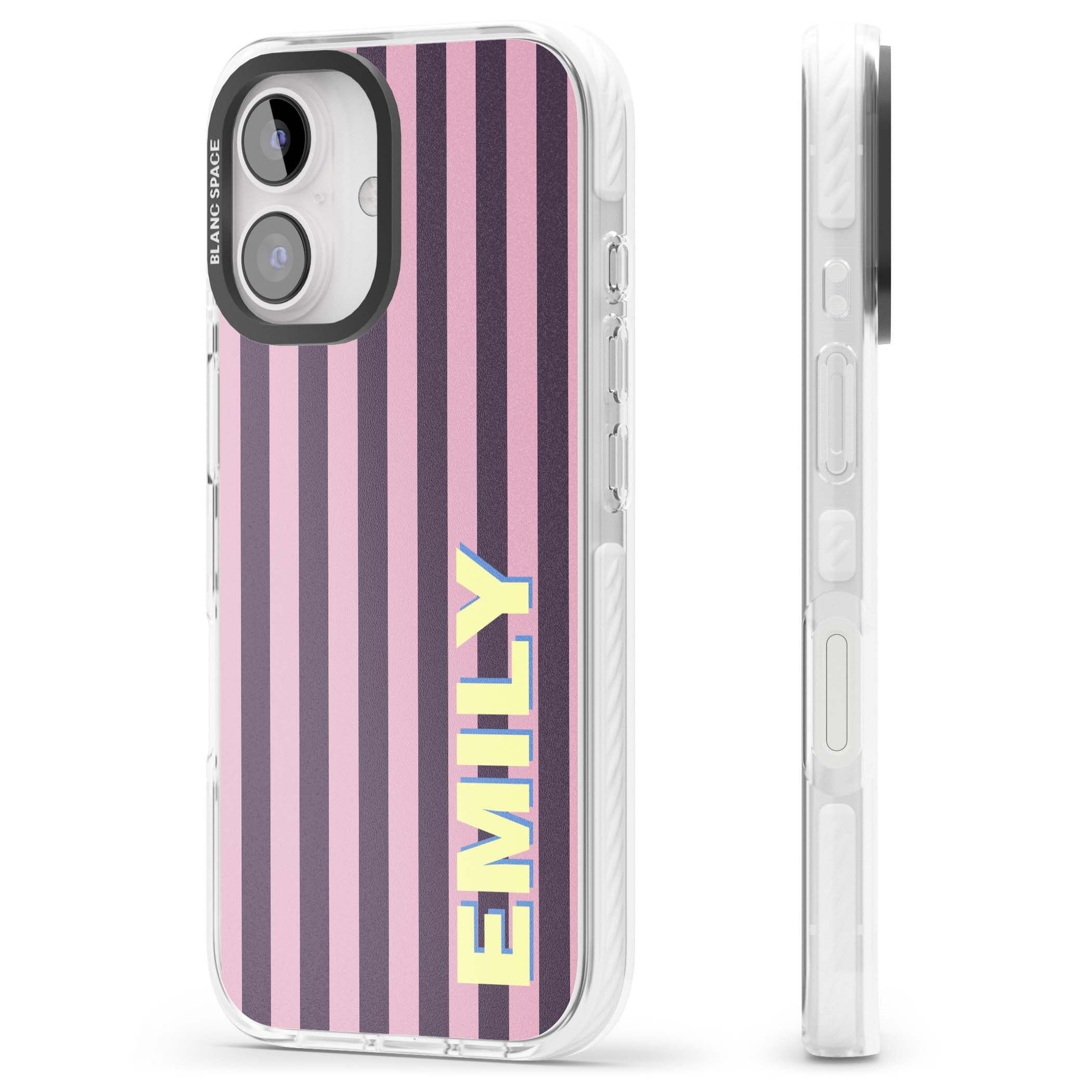Tyre Stripe personalised stripe iPhone case with plum and pink vertical stripes and custom yellow name | Impact Magsafe case for iPhone 16, iPhone 16 Plus