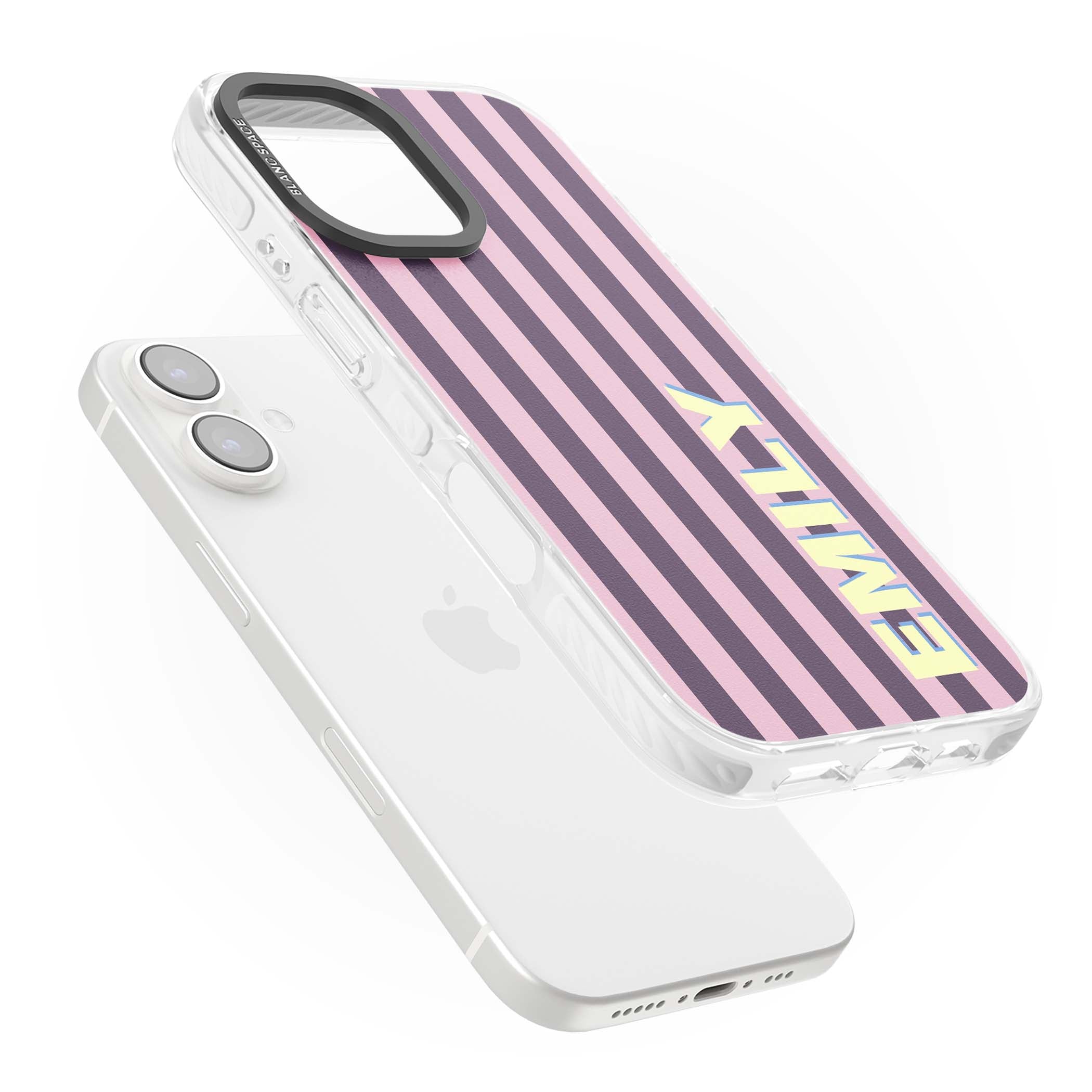 Tyre Stripe personalised stripe iPhone case with plum and pink vertical stripes and custom yellow name | Impact Magsafe case for iPhone 16, iPhone 16 Plus