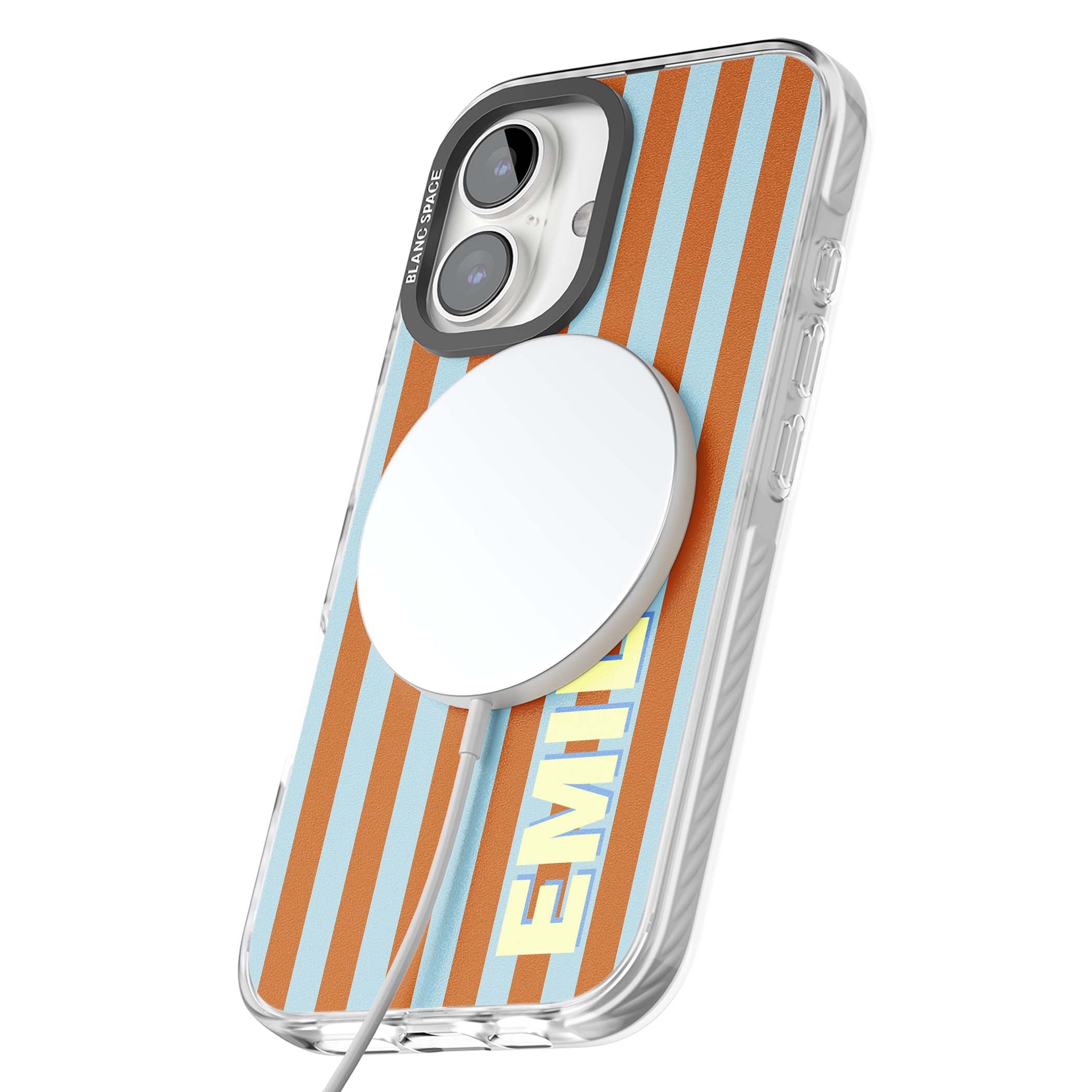 Cappadocia Stripe personalised coastal iPhone case featuring blue and orange vertical stripes with custom cream name | Impact Magsafe case for iPhone 16, iPhone 16 Plus