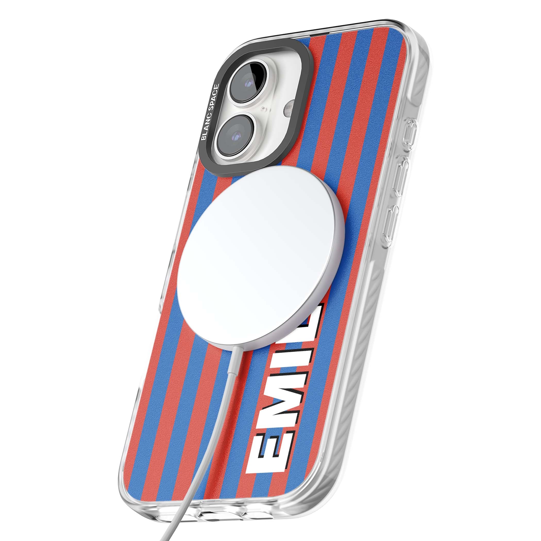 Cuban Stripe personalised iPhone case featuring red and blue vertical stripes with custom name in bold white letters | Impact Magsafe case for iPhone 16, iPhone 16 Plus