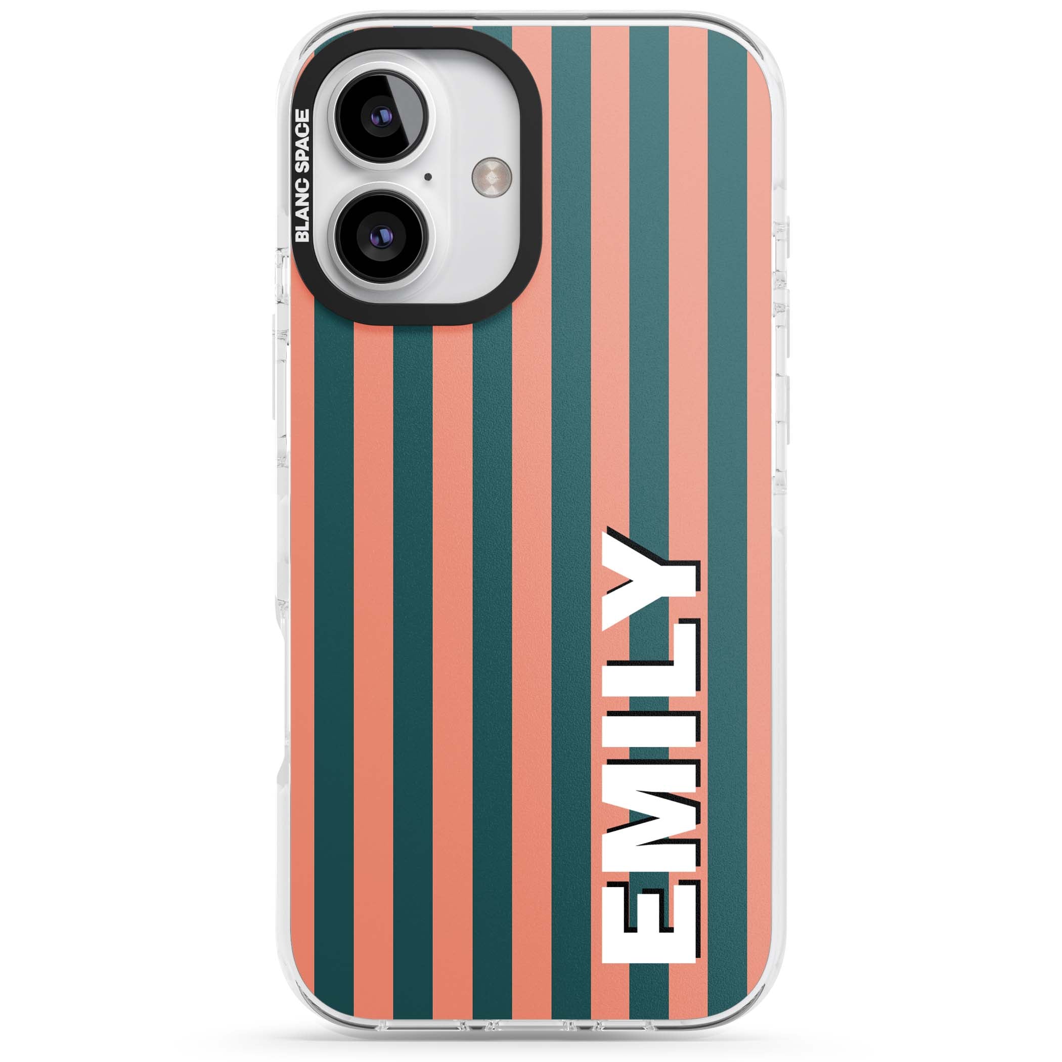 Tuscan Stripe personalised iPhone case featuring coral and green vertical stripes with bold custom name | Impact Magsafe case for iPhone 16, iPhone 16 Plus