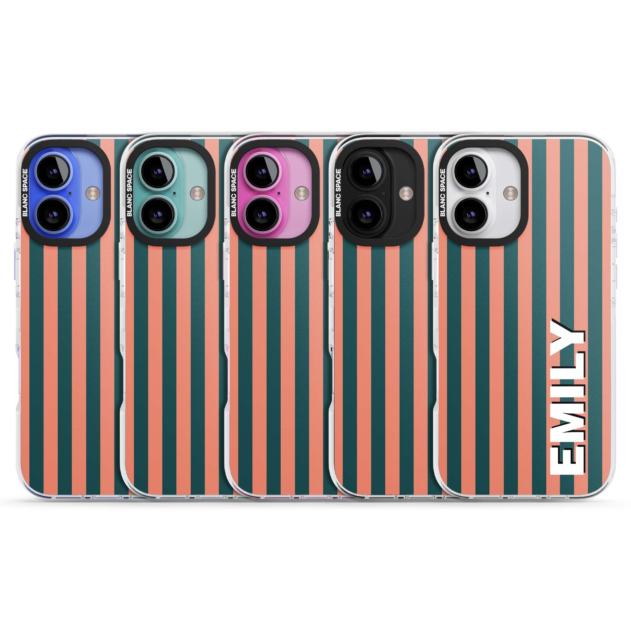 Tuscan Stripe personalised iPhone case featuring coral and green vertical stripes with bold custom name | Impact Magsafe case for iPhone 16, iPhone 16 Plus