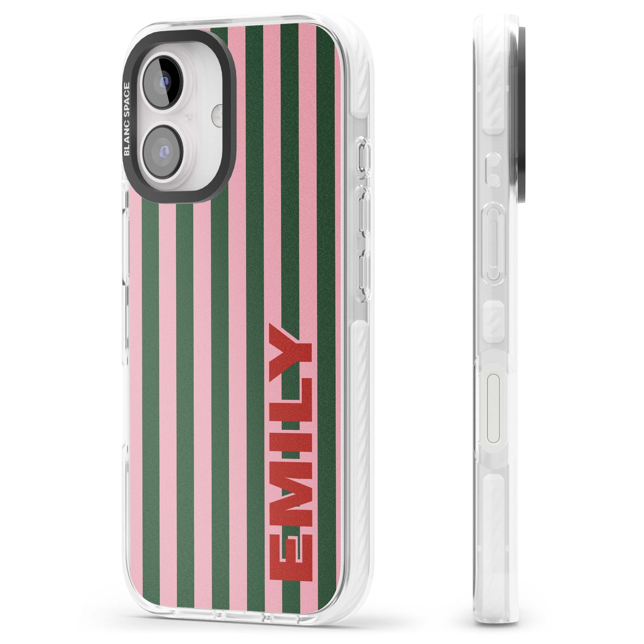 Italian Stripe preppy iPhone case featuring pink and green vertical stripes with personalised red name | Impact Magsafe case for iPhone 16, iPhone 16 Plus