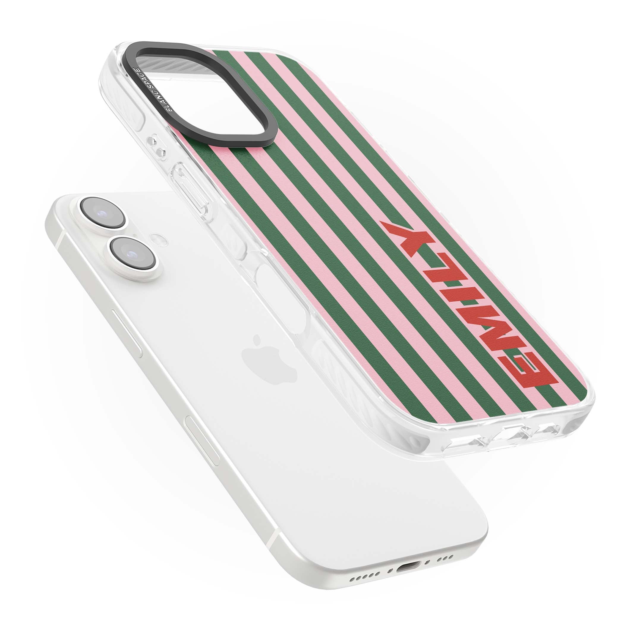 Italian Stripe preppy iPhone case featuring pink and green vertical stripes with personalised red name | Impact Magsafe case for iPhone 16, iPhone 16 Plus
