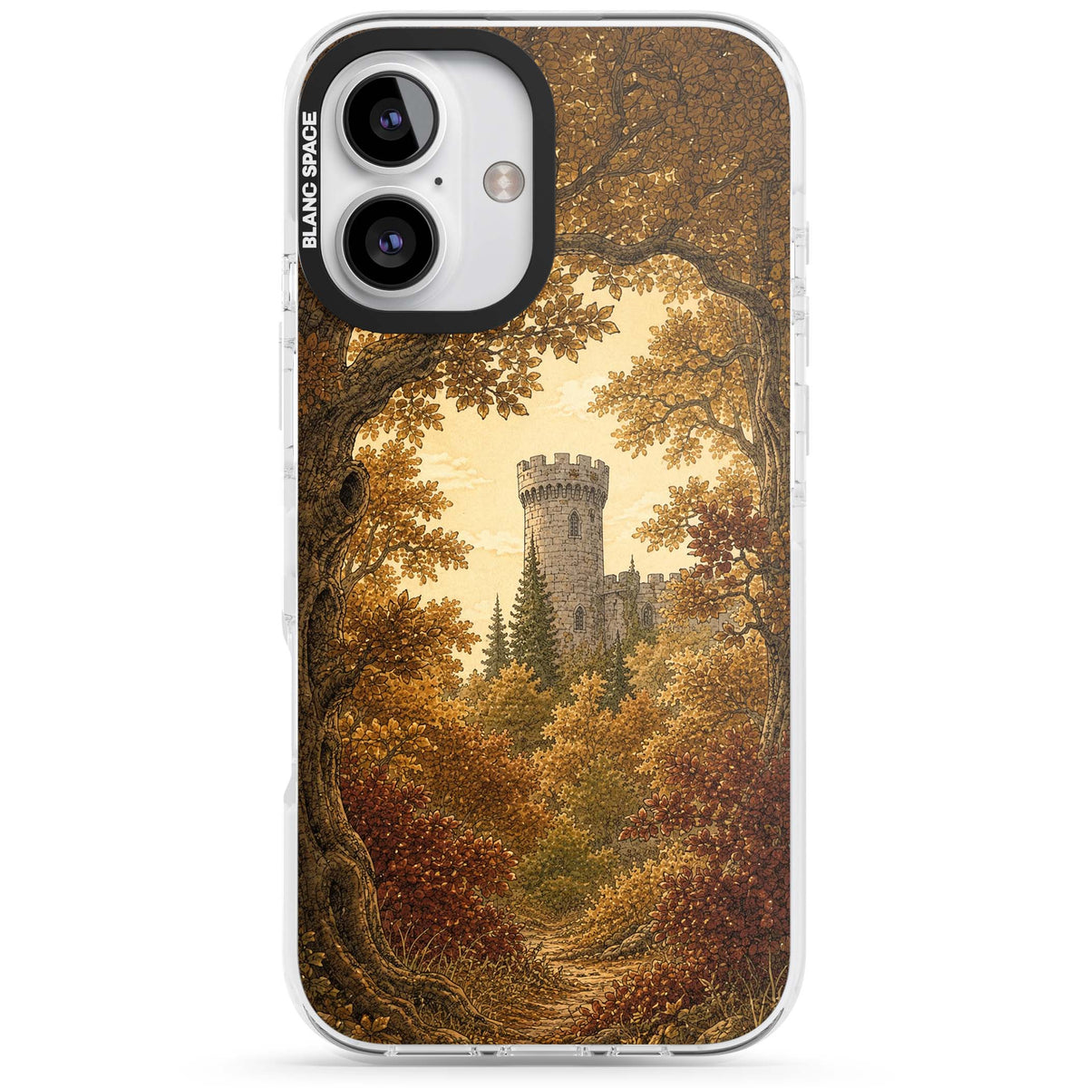 Autumn Keep cottagecore iPhone case featuring a medieval castle tower framed by golden autumn trees and woodland foliage | Impact Magsafe case for iPhone 16, iPhone 16 Plus