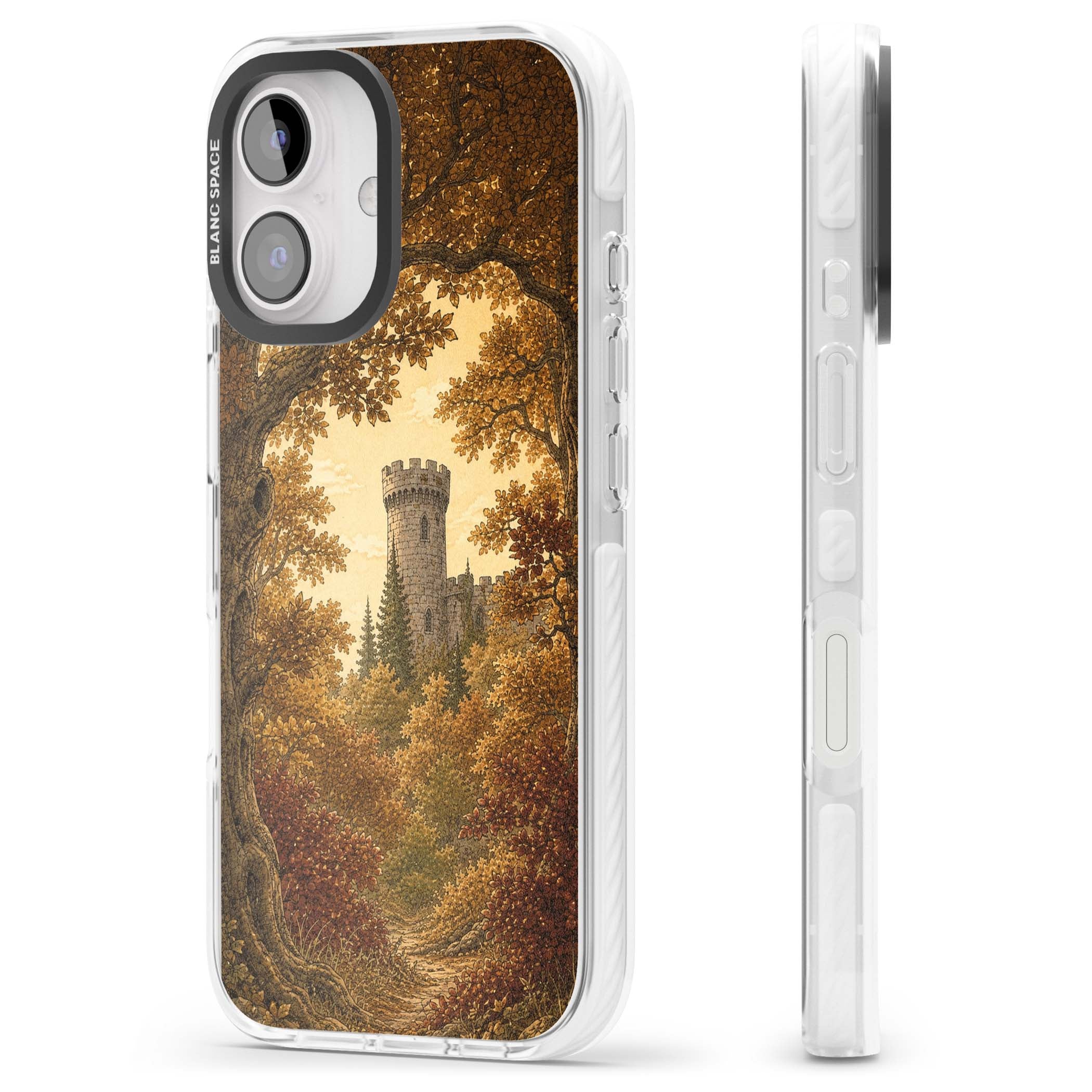 Autumn Keep cottagecore iPhone case featuring a medieval castle tower framed by golden autumn trees and woodland foliage | Impact Magsafe case for iPhone 16, iPhone 16 Plus