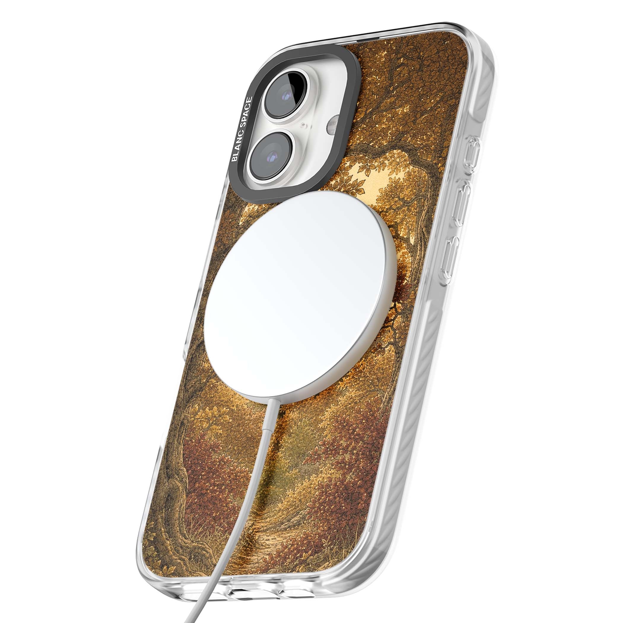 Autumn Keep cottagecore iPhone case featuring a medieval castle tower framed by golden autumn trees and woodland foliage | Impact Magsafe case for iPhone 16, iPhone 16 Plus