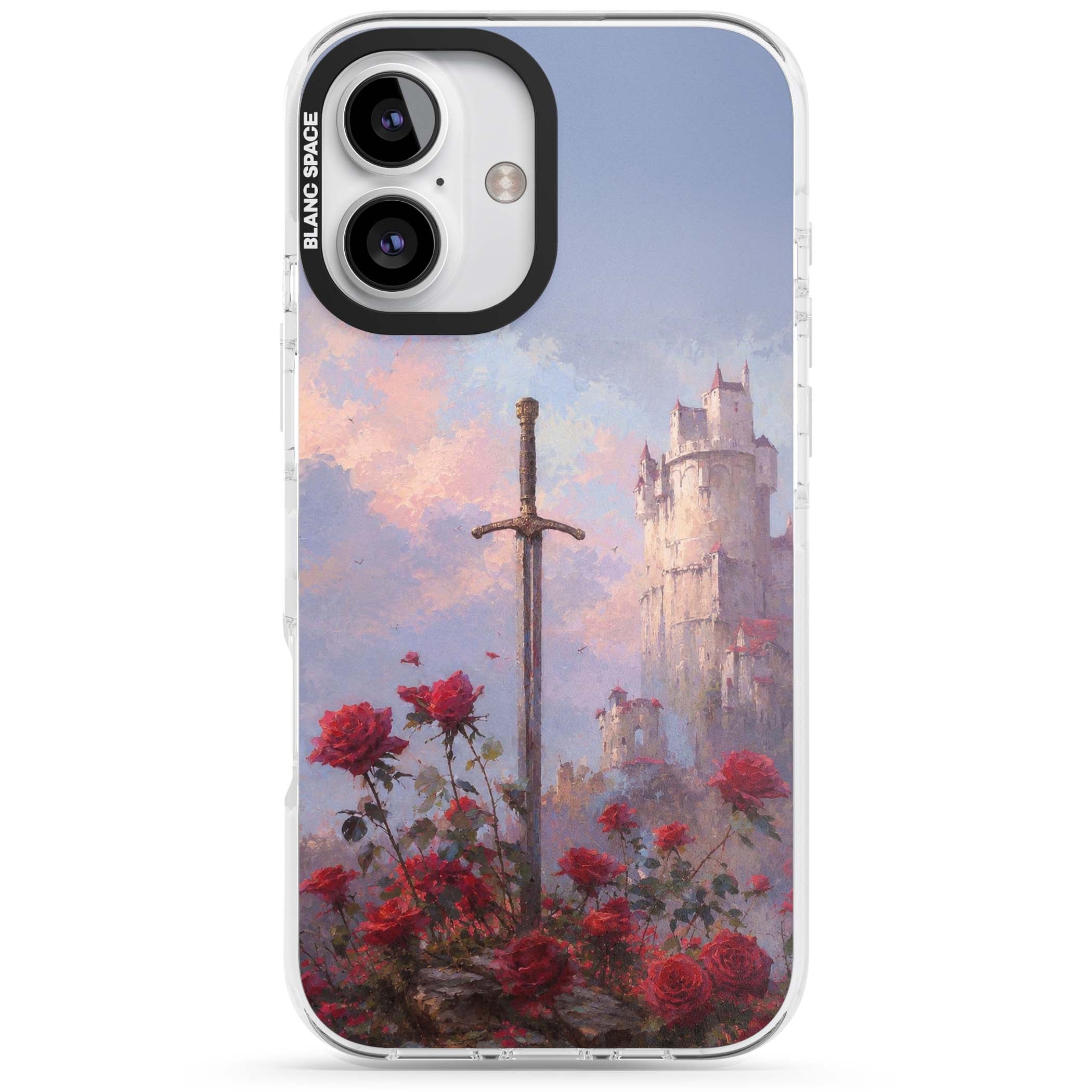 Sword in Roses medieval art iPhone case featuring a sword, red roses, and a misty fairytale castle at sunset | Impact Magsafe case for iPhone 16, iPhone 16 Plus