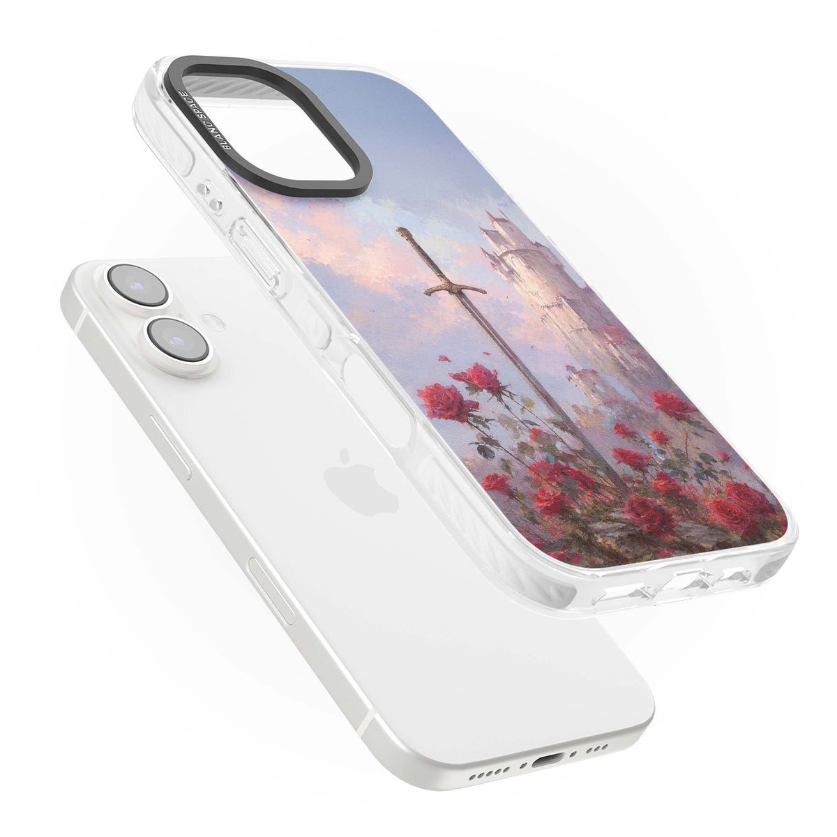 Sword in Roses medieval art iPhone case featuring a sword, red roses, and a misty fairytale castle at sunset | Impact Magsafe case for iPhone 16, iPhone 16 Plus