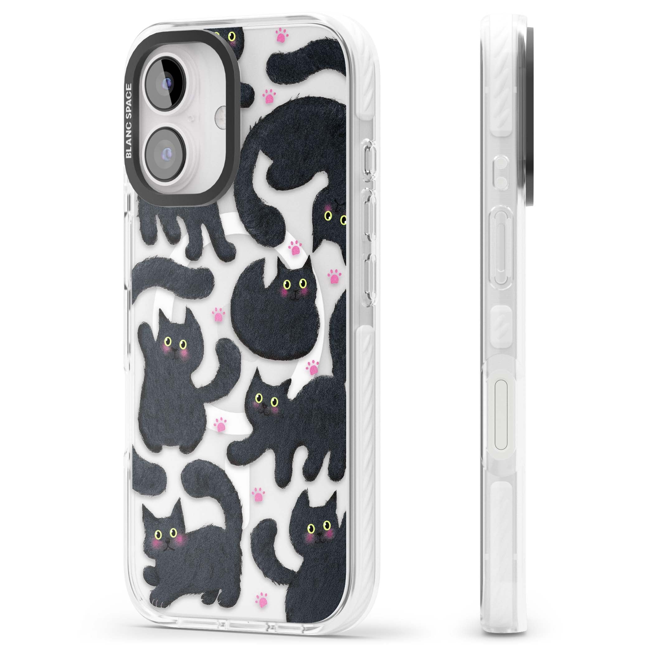Midnight Cats cute iPhone case featuring black cat pattern with yellow eyes and pink paw prints | Impact Magsafe case for iPhone 16, iPhone 16 Plus