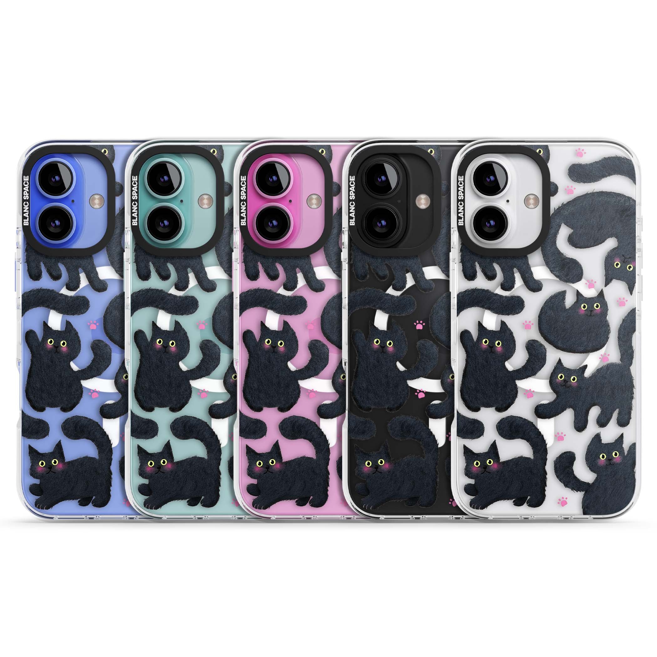 Midnight Cats cute iPhone case featuring black cat pattern with yellow eyes and pink paw prints | Impact Magsafe case for iPhone 16, iPhone 16 Plus