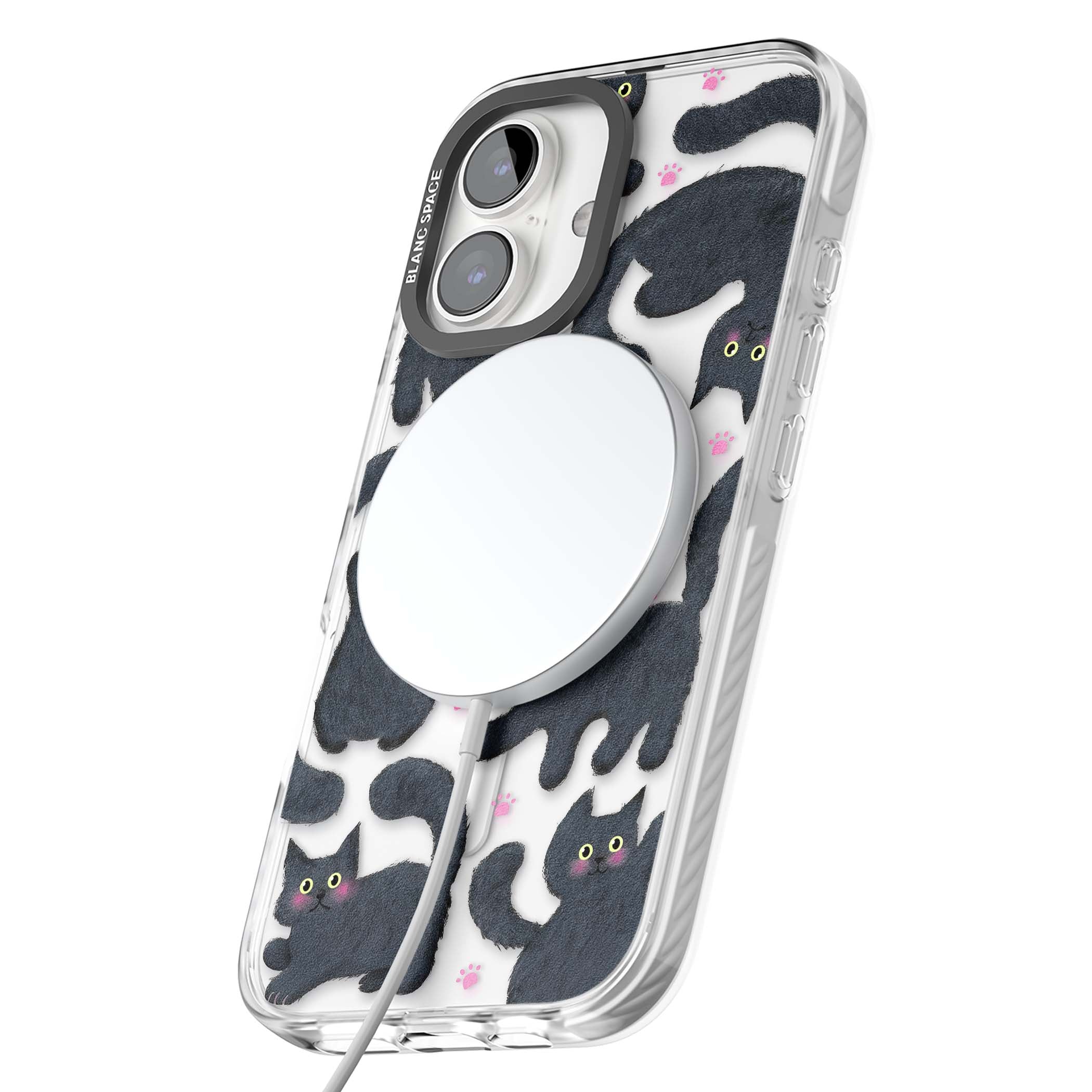 Midnight Cats cute iPhone case featuring black cat pattern with yellow eyes and pink paw prints | Impact Magsafe case for iPhone 16, iPhone 16 Plus