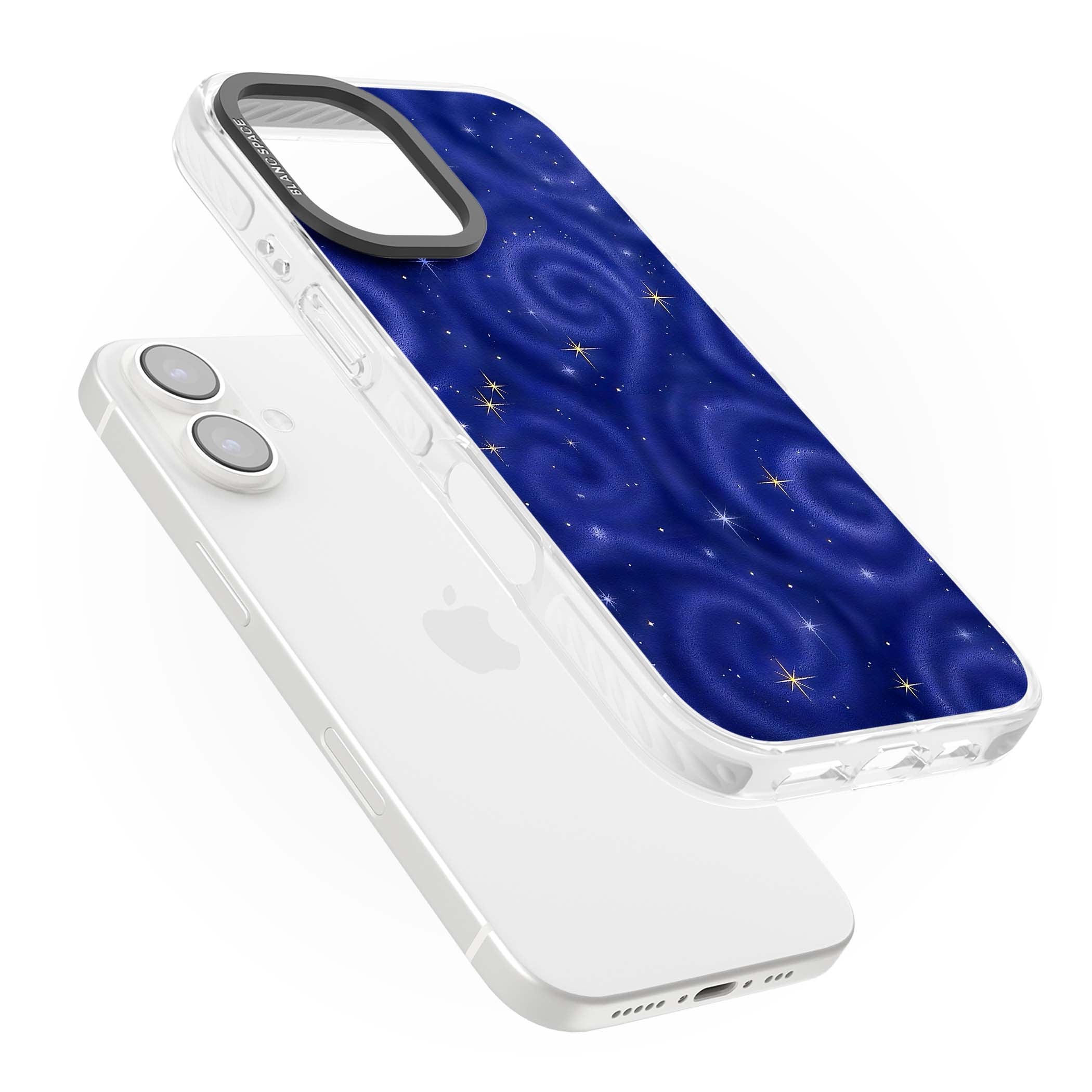 Indigo Cosmos celestial iPhone case featuring swirling navy night sky and sparkling golden stars | Impact Magsafe case for iPhone 16, iPhone 16 Plus