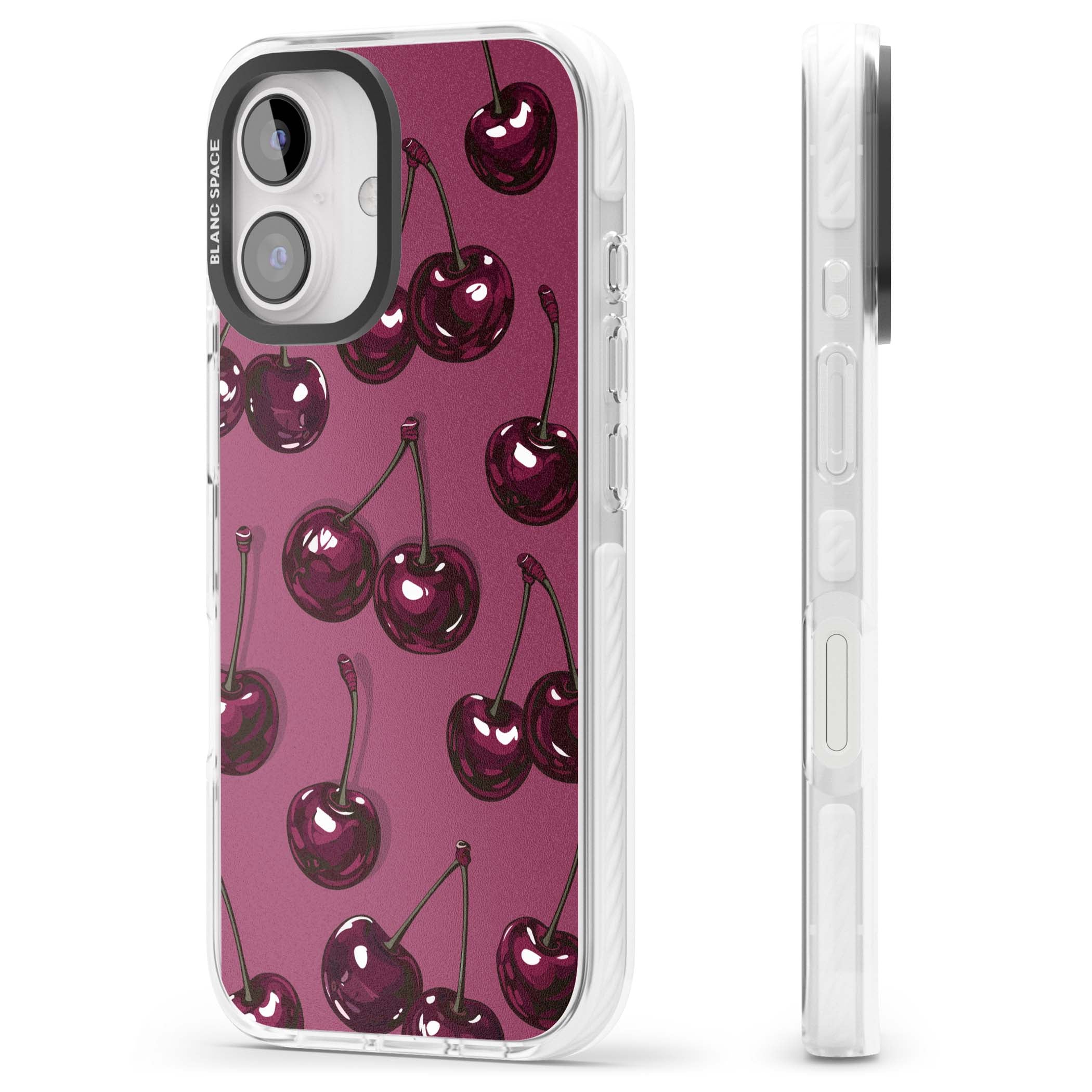 Cherry Soda coquette iPhone case featuring glossy burgundy cherries on a dusty pink background | Impact Magsafe case for iPhone 16, iPhone 16 Plus