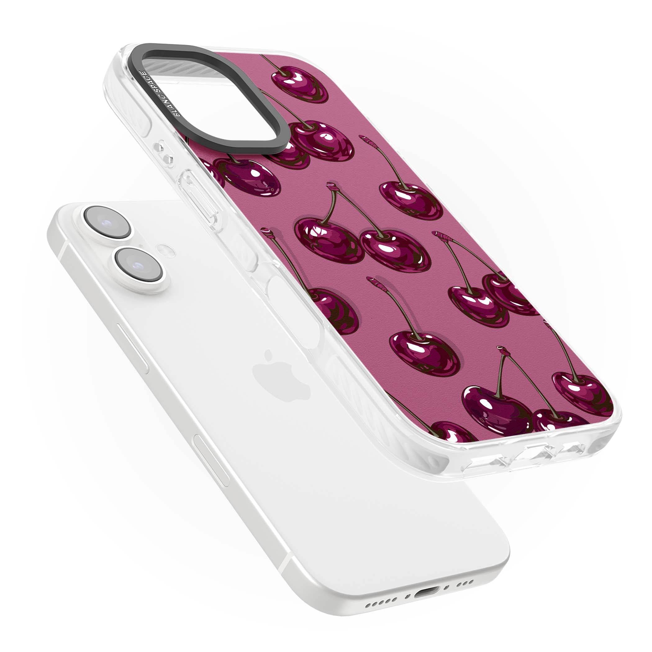 Cherry Soda coquette iPhone case featuring glossy burgundy cherries on a dusty pink background | Impact Magsafe case for iPhone 16, iPhone 16 Plus