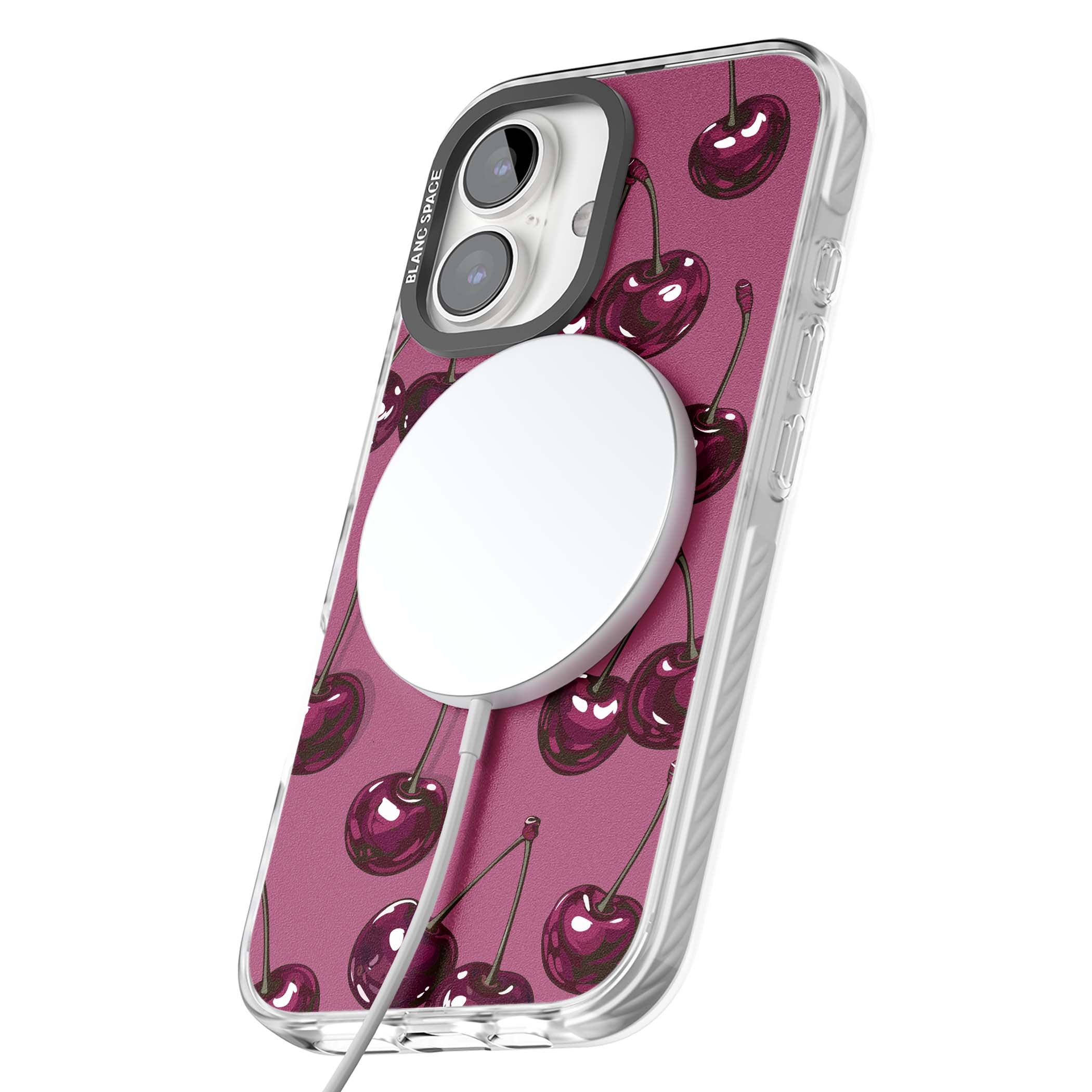 Cherry Soda coquette iPhone case featuring glossy burgundy cherries on a dusty pink background | Impact Magsafe case for iPhone 16, iPhone 16 Plus