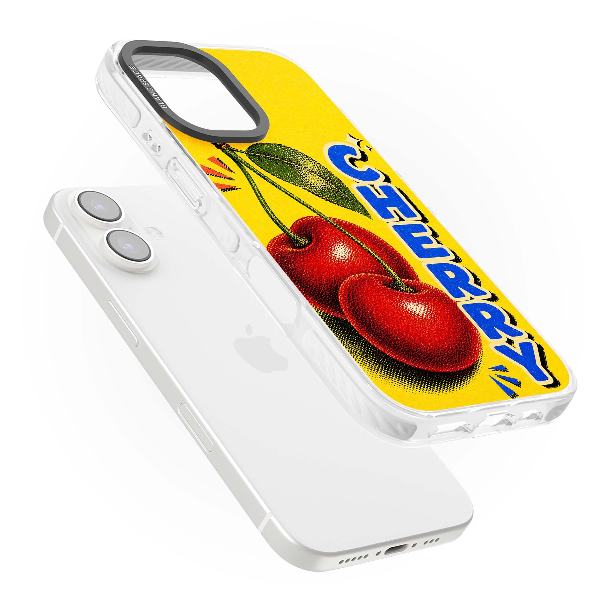 Cherry Yellow y2k iPhone case featuring two red cherries, halftone shading and bold blue CHERRY lettering on yellow | Impact Magsafe case for iPhone 16, iPhone 16 Plus