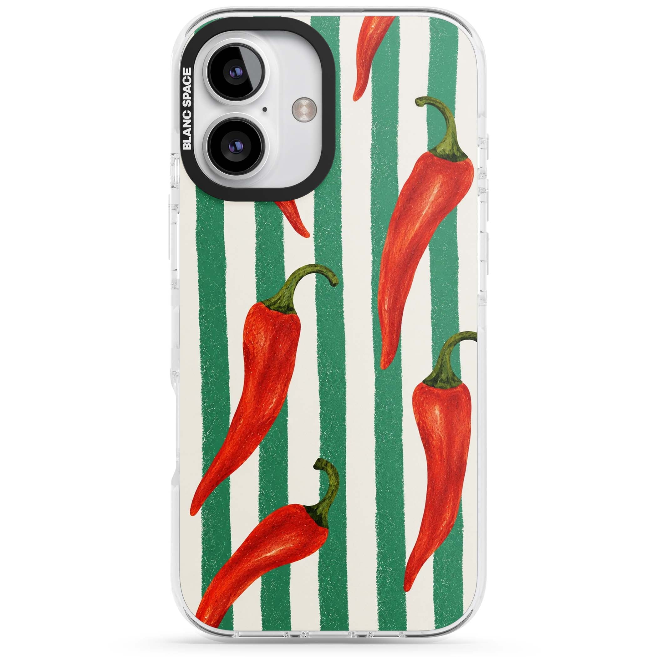 Striped Chillis coastal iPhone case featuring hand-painted red chili peppers on green and cream stripes | Impact Magsafe case for iPhone 16, iPhone 16 Plus