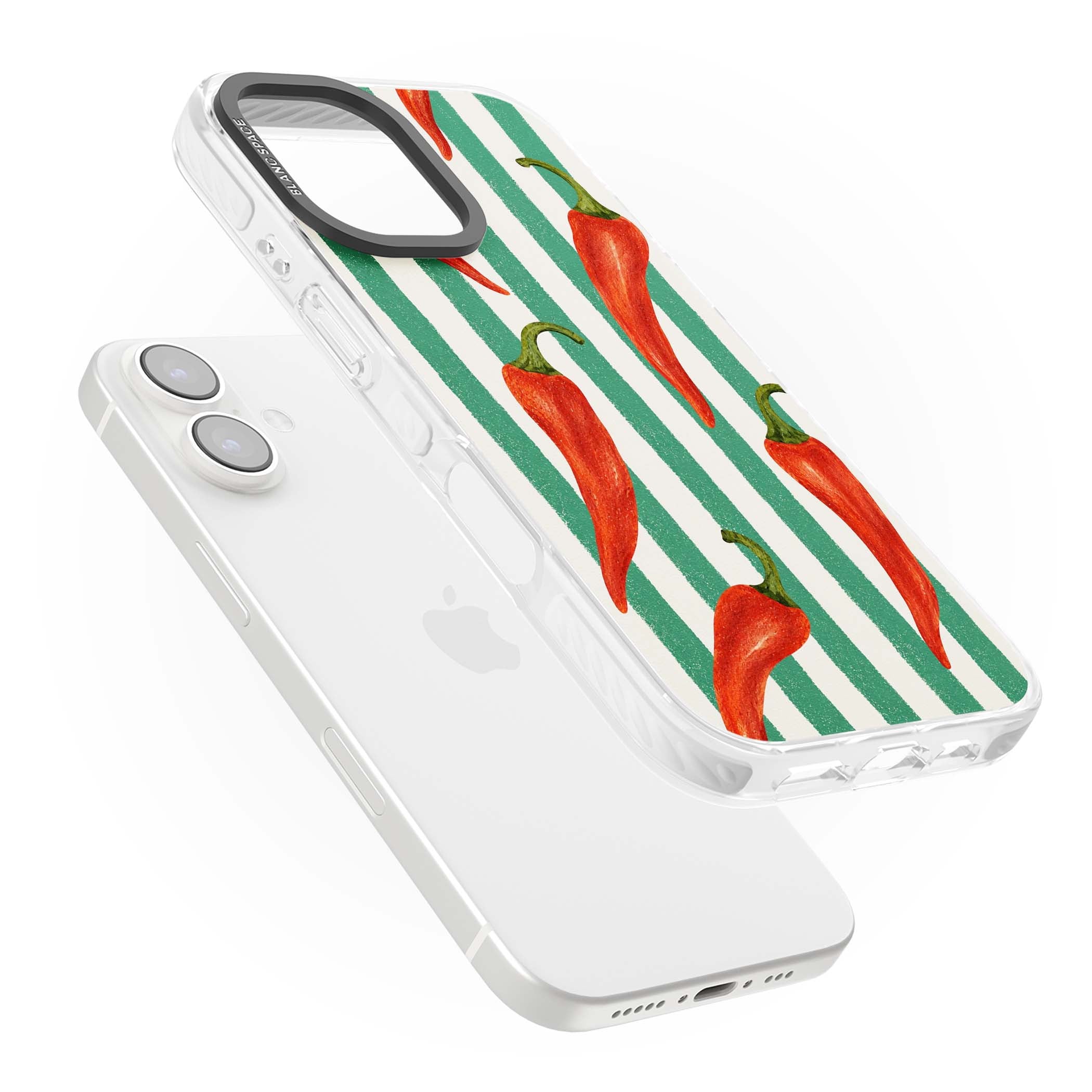 Striped Chillis coastal iPhone case featuring hand-painted red chili peppers on green and cream stripes | Impact Magsafe case for iPhone 16, iPhone 16 Plus
