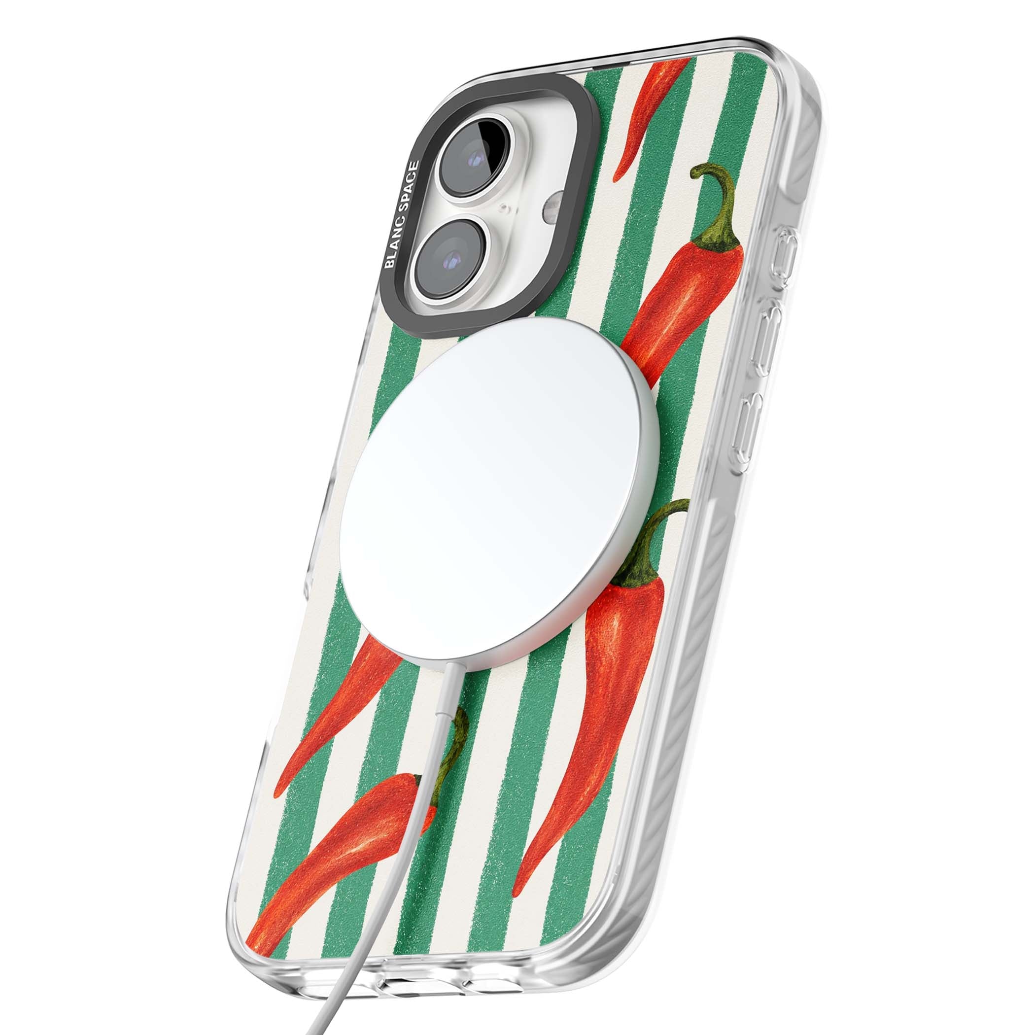 Striped Chillis coastal iPhone case featuring hand-painted red chili peppers on green and cream stripes | Impact Magsafe case for iPhone 16, iPhone 16 Plus