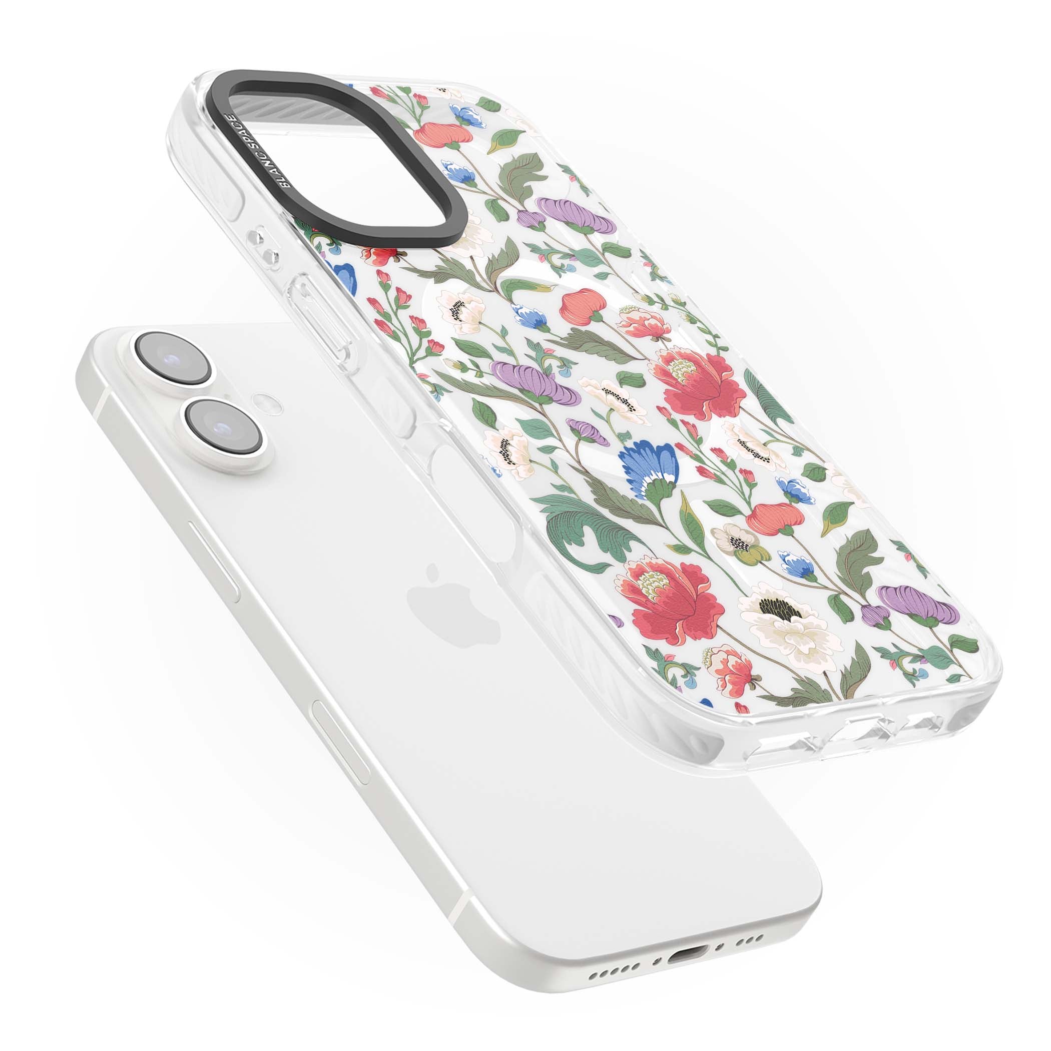Chinoiserie Bloom vintage floral iPhone case featuring hand-painted peonies, poppies and trailing wildflowers on clear... | Impact Magsafe case for iPhone 16, iPhone 16 Plus