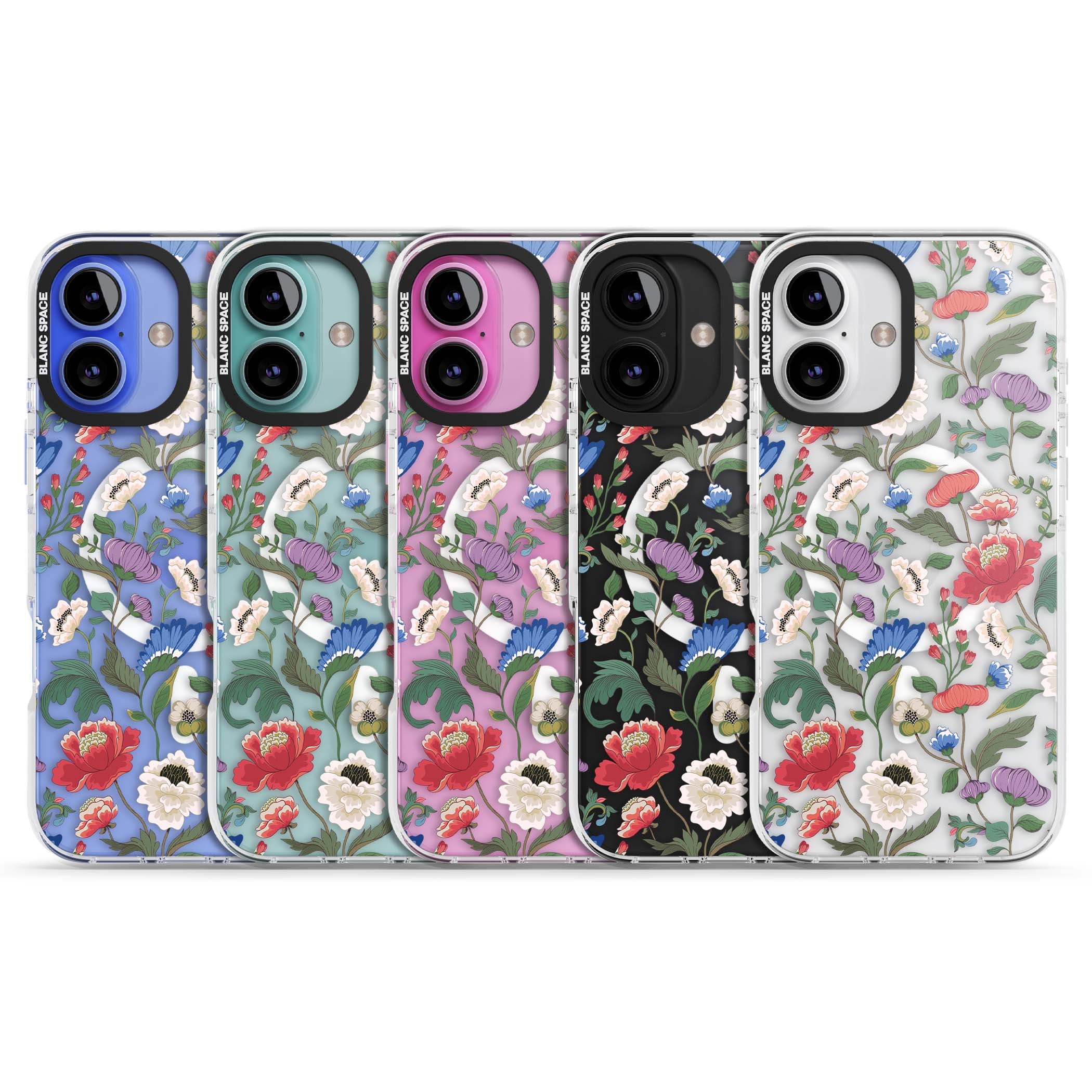 Chinoiserie Bloom vintage floral iPhone case featuring hand-painted peonies, poppies and trailing wildflowers on clear... | Impact Magsafe case for iPhone 16, iPhone 16 Plus