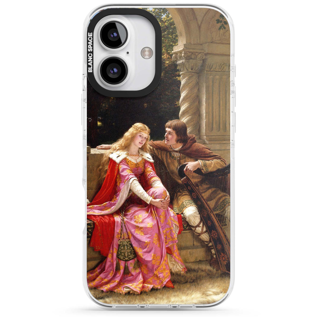 The End of the Song classic art iPhone case featuring a medieval lady in pink gown and her knight in a stone archway | Impact Magsafe case for iPhone 16, iPhone 16 Plus