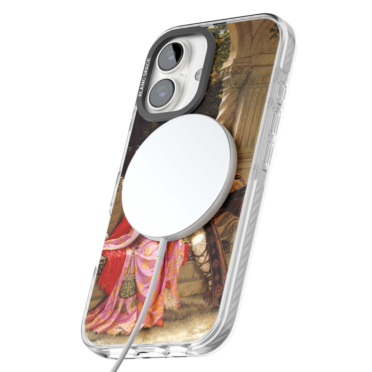 The End of the Song classic art iPhone case featuring a medieval lady in pink gown and her knight in a stone archway | Impact Magsafe case for iPhone 16, iPhone 16 Plus