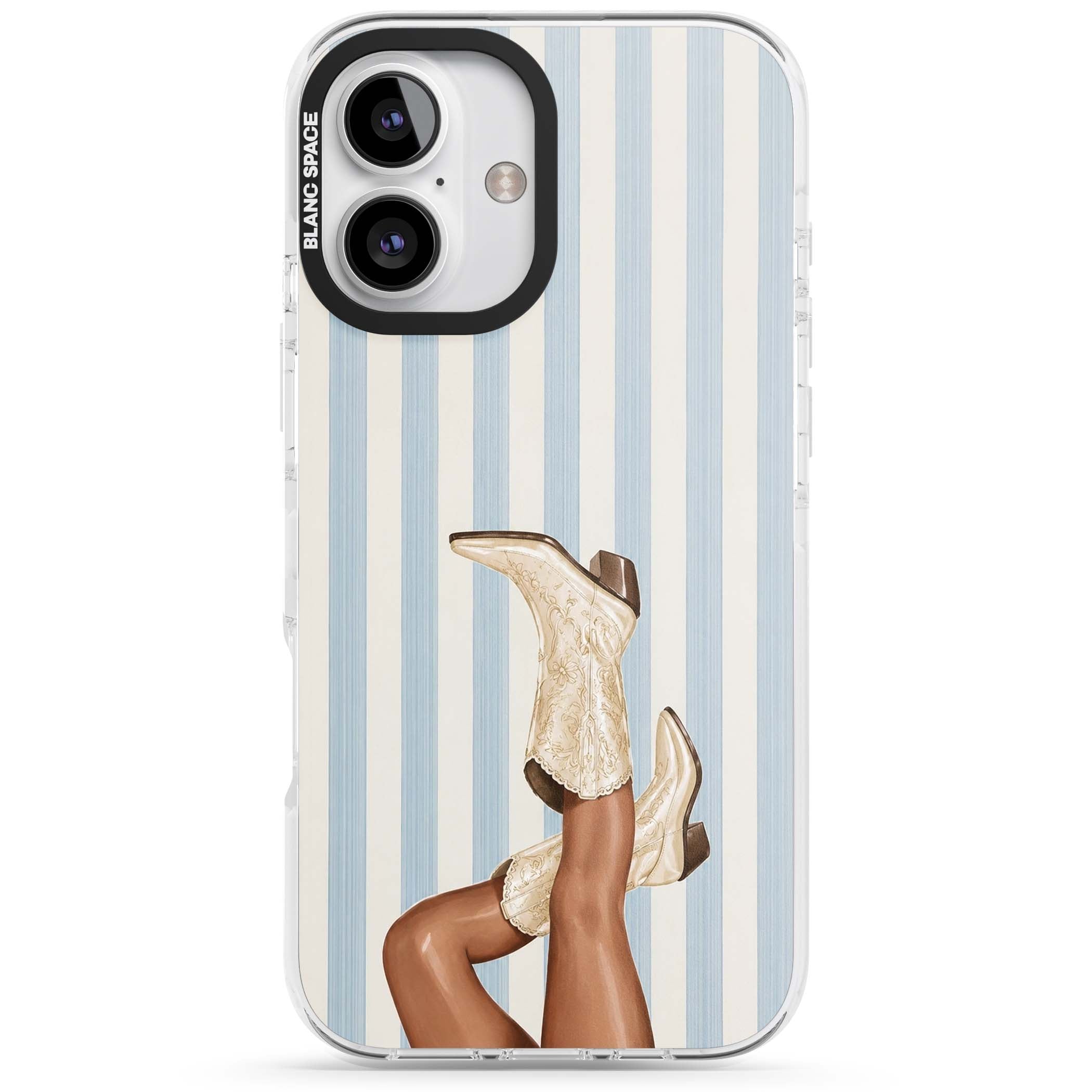 Cowgirl Boots coastal cowgirl iPhone case featuring embroidered western boots, tanned legs and a blue stripe backdrop | Impact Magsafe case for iPhone 16, iPhone 16 Plus