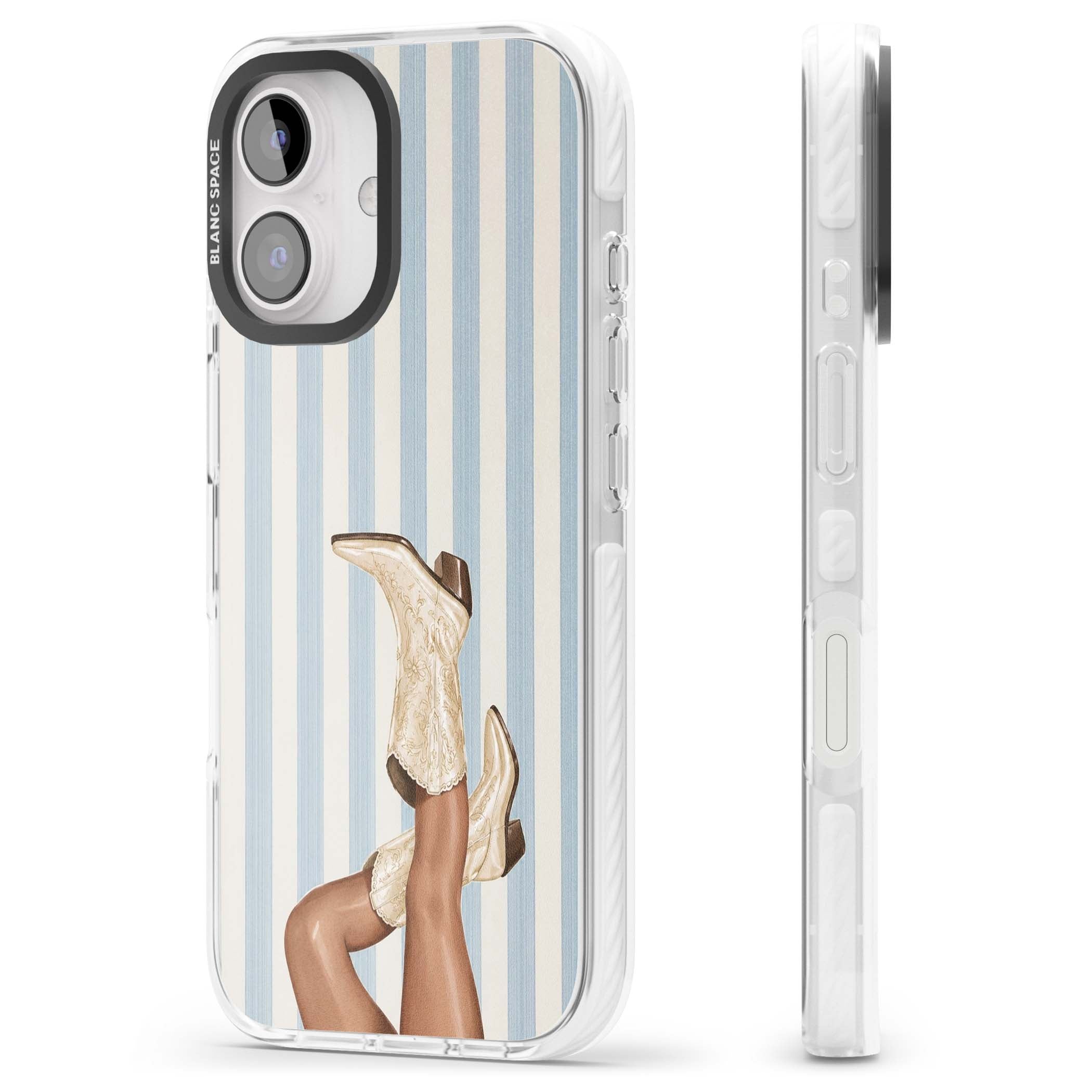 Cowgirl Boots coastal cowgirl iPhone case featuring embroidered western boots, tanned legs and a blue stripe backdrop | Impact Magsafe case for iPhone 16, iPhone 16 Plus