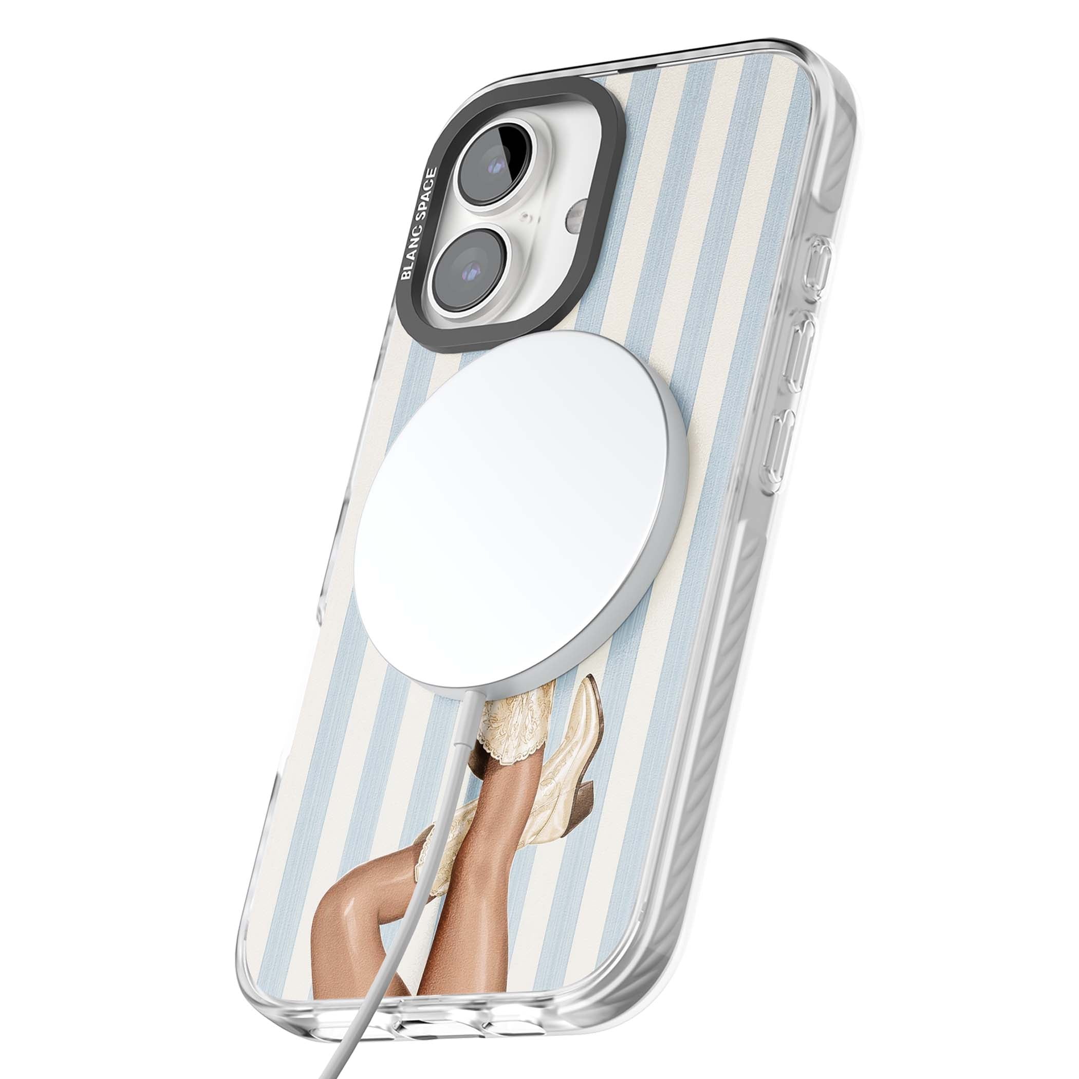 Cowgirl Boots coastal cowgirl iPhone case featuring embroidered western boots, tanned legs and a blue stripe backdrop | Impact Magsafe case for iPhone 16, iPhone 16 Plus