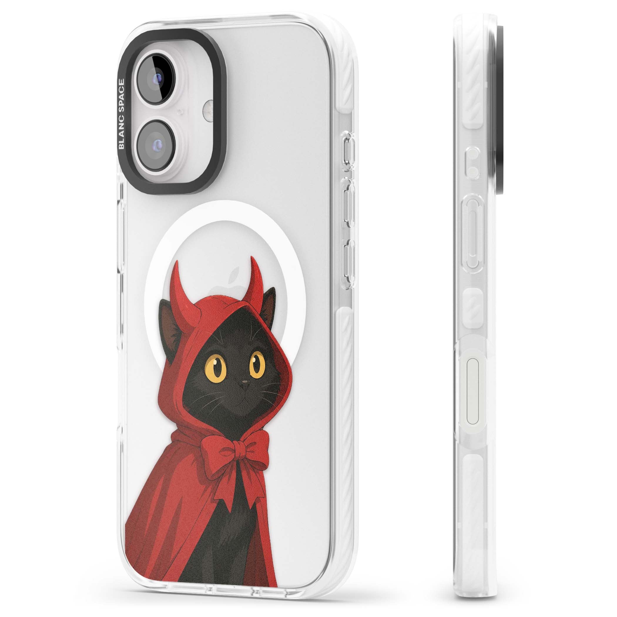 Little Devil halloween iPhone case featuring a black cat in a red hooded devil cloak with horns and golden eyes | Impact Magsafe case for iPhone 16, iPhone 16 Plus
