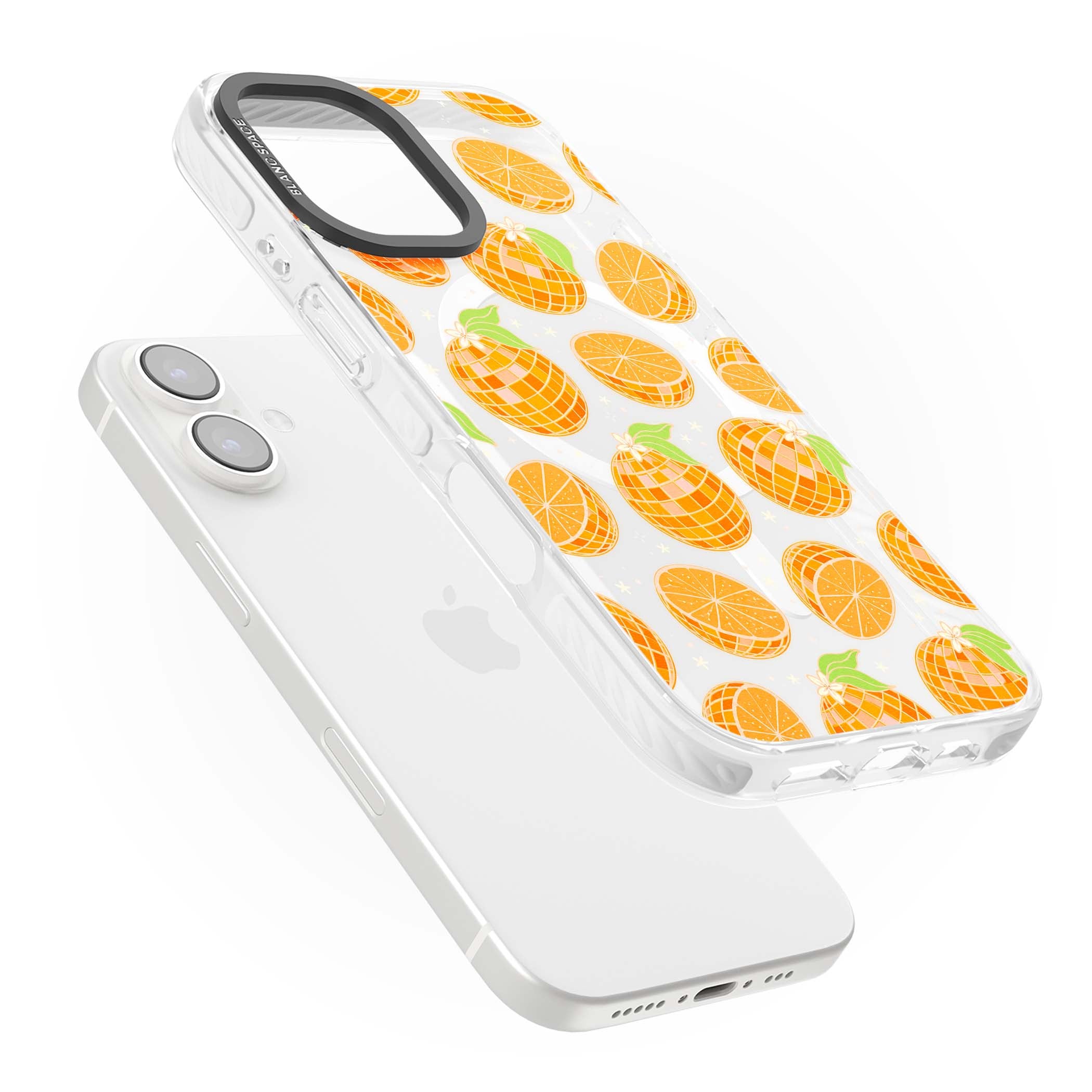 Disco Oranges retro iPhone case featuring mirrorball oranges, citrus slices and tiny blossoms on clear | Impact Magsafe case for iPhone 16, iPhone 16 Plus