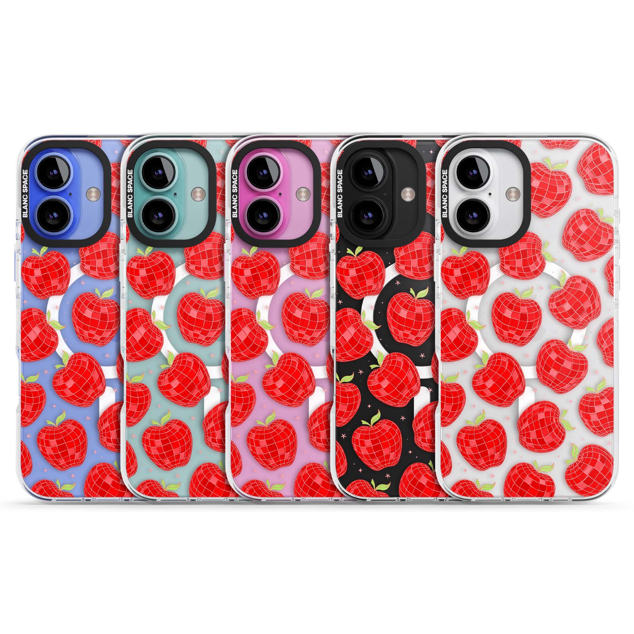 Disco Apples Y2K iPhone case featuring red disco ball apples, green leaves and pink sparkles on clear | Impact Magsafe case for iPhone 16, iPhone 16 Plus